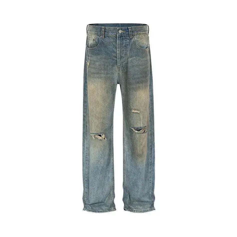 Mud Dyed Hole Baggy Jeans Hombre Frayed Ripped Trousers y2k