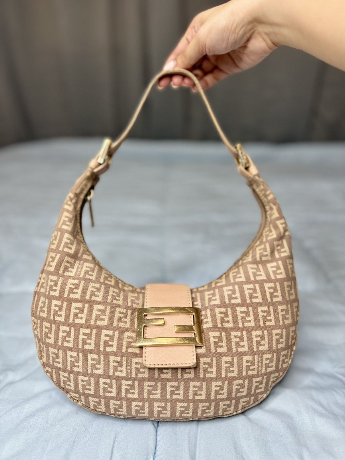 Fendi Beige Pink Croissant Hobo Zucchino Baguette Mini Bag, Women's