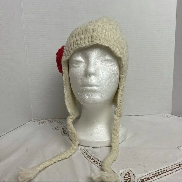 Other Cream with red flower Fully Lined winter‎ Hat One Size Size ONE SIZE - 2 Thumbnail