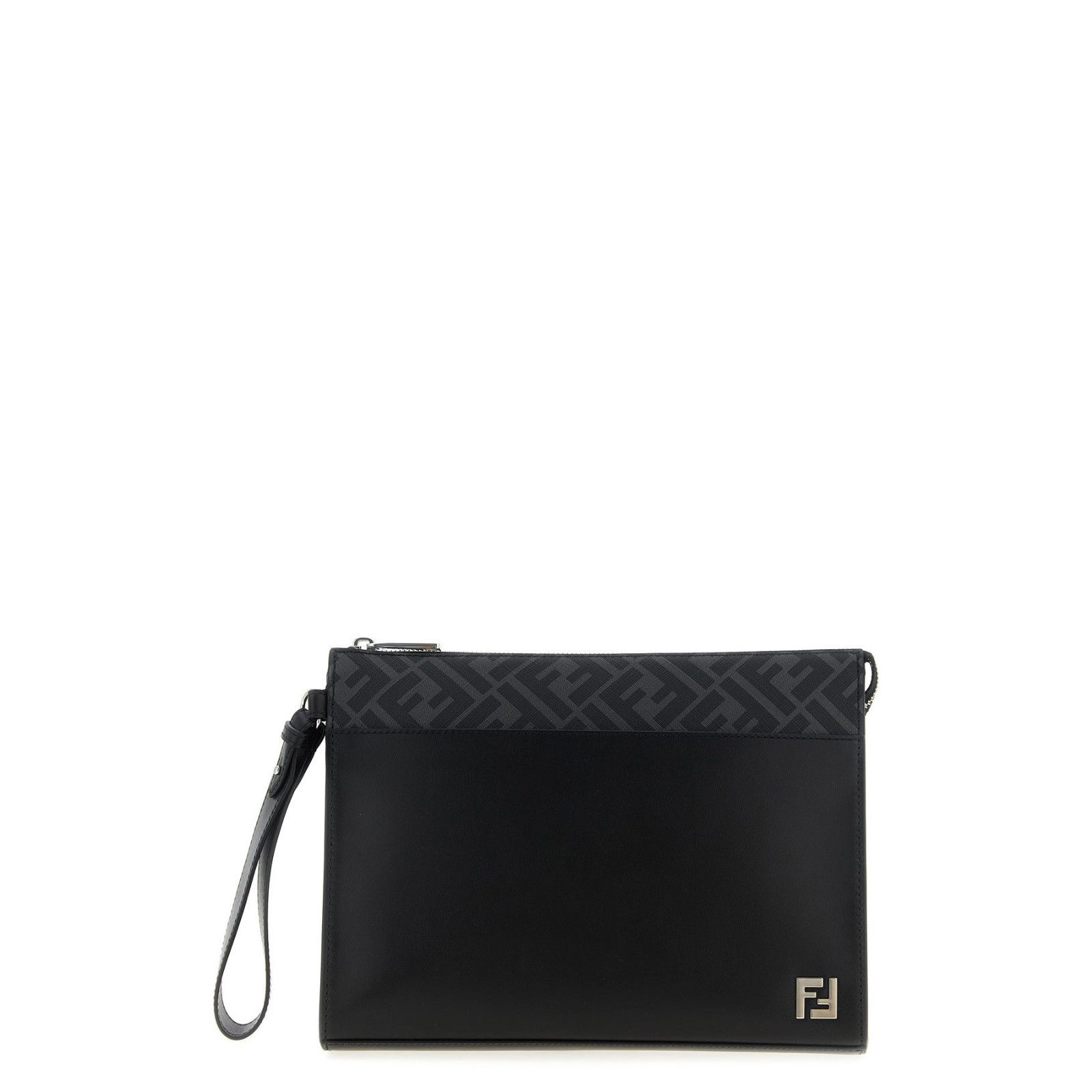FENDI $1400 Black FF Squared Leather Clutch New & Authentic