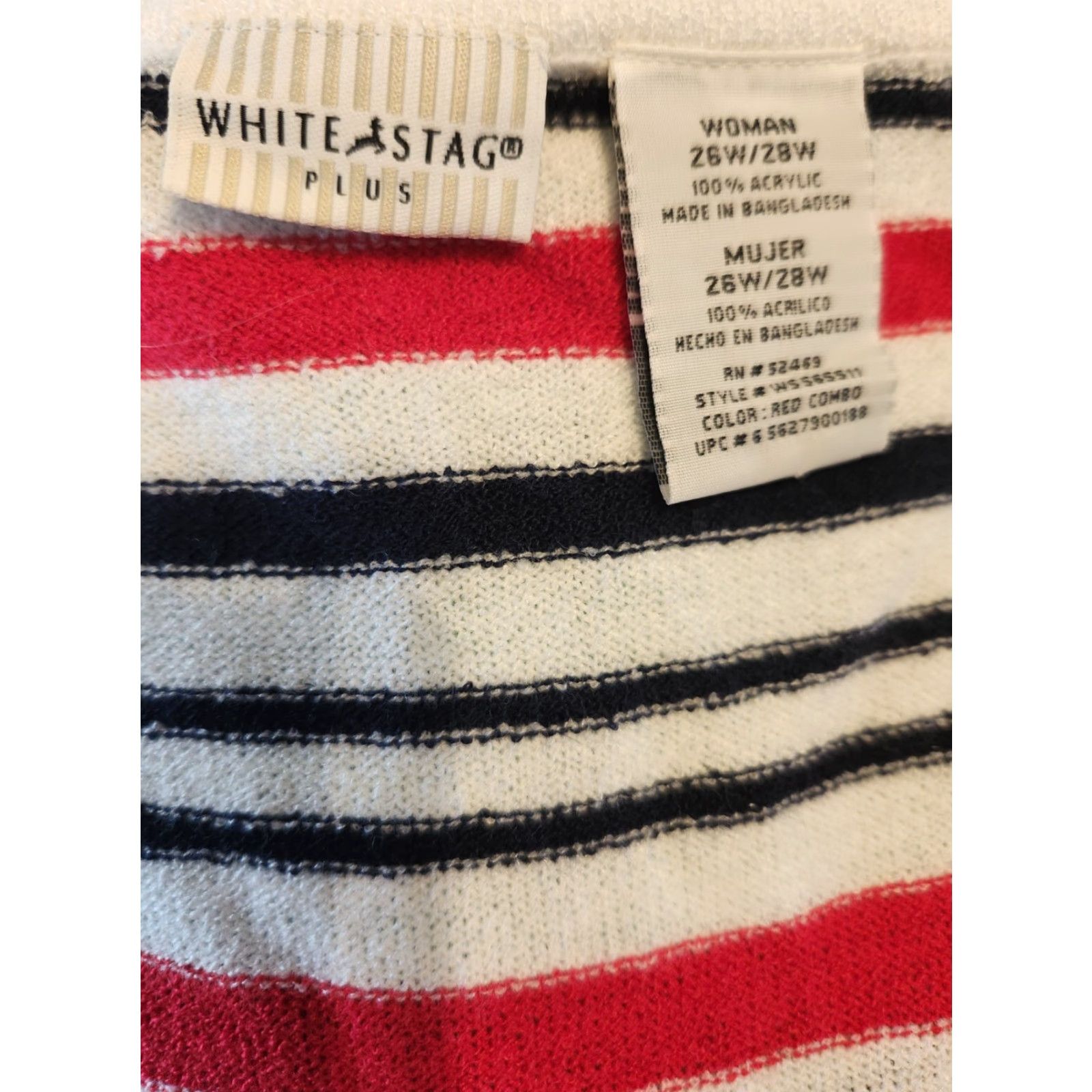 Vintage VINTAGE White Stag Tunic Shirt Womens 4X Plus Size 3/4 Sleeve V-Neck Striped Knit White Black Red Pattern Easy Care Size XXL / US 16-18 / IT 52-54 - 5 Thumbnail
