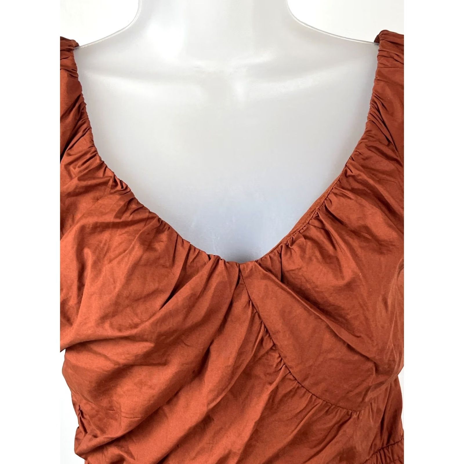 Gap GAP Womens XS Puff Sleeve Tiered Mini Dress Rust Brown Smocked Bodice Cotton NWT Size XS / US 0-2 / IT 36-38 - 2 Thumbnail