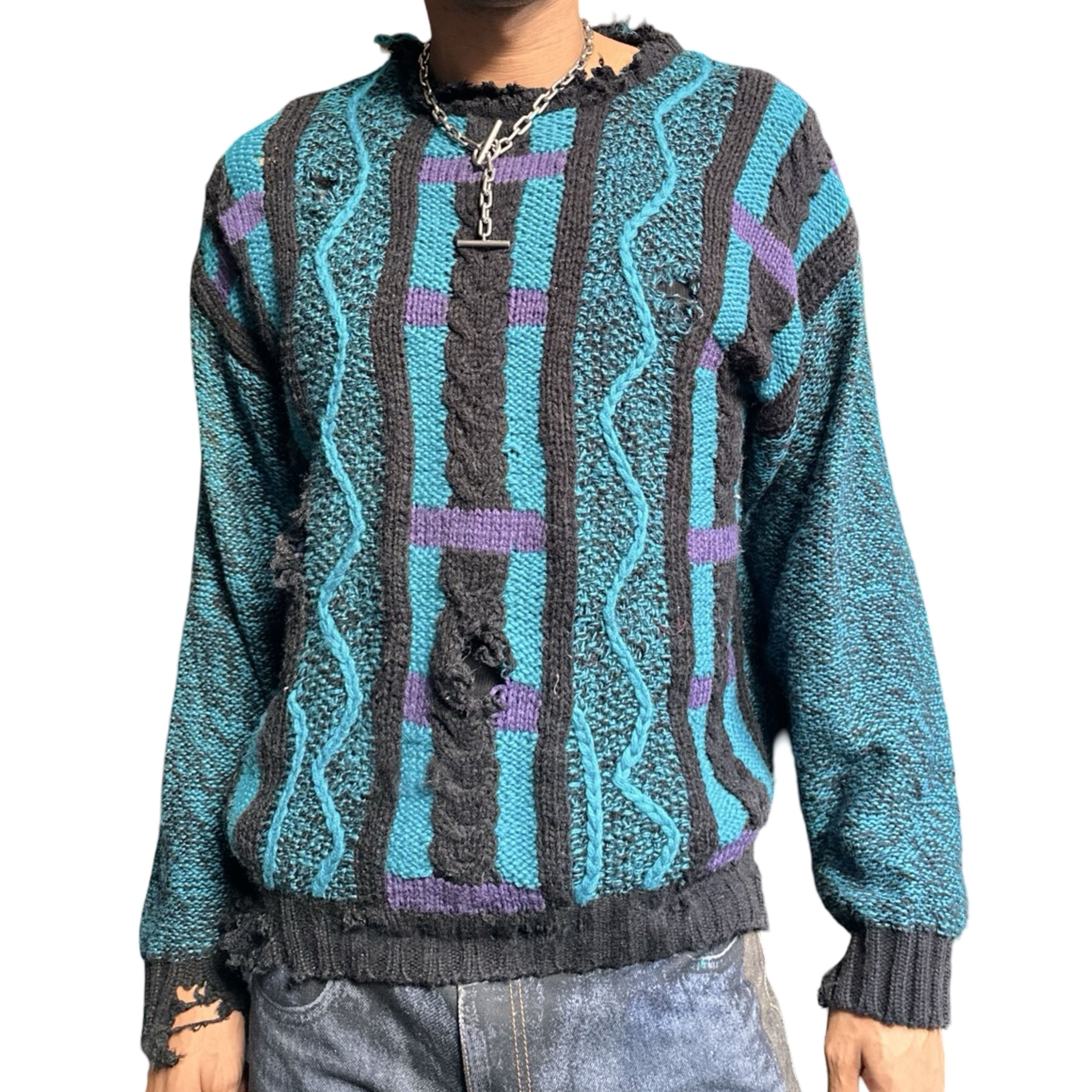 Vintage Vintage Cattivo Coogi Black & Teal Grunge Sweater - Medium Size US M / EU 48-50 / 2 - 4 Thumbnail