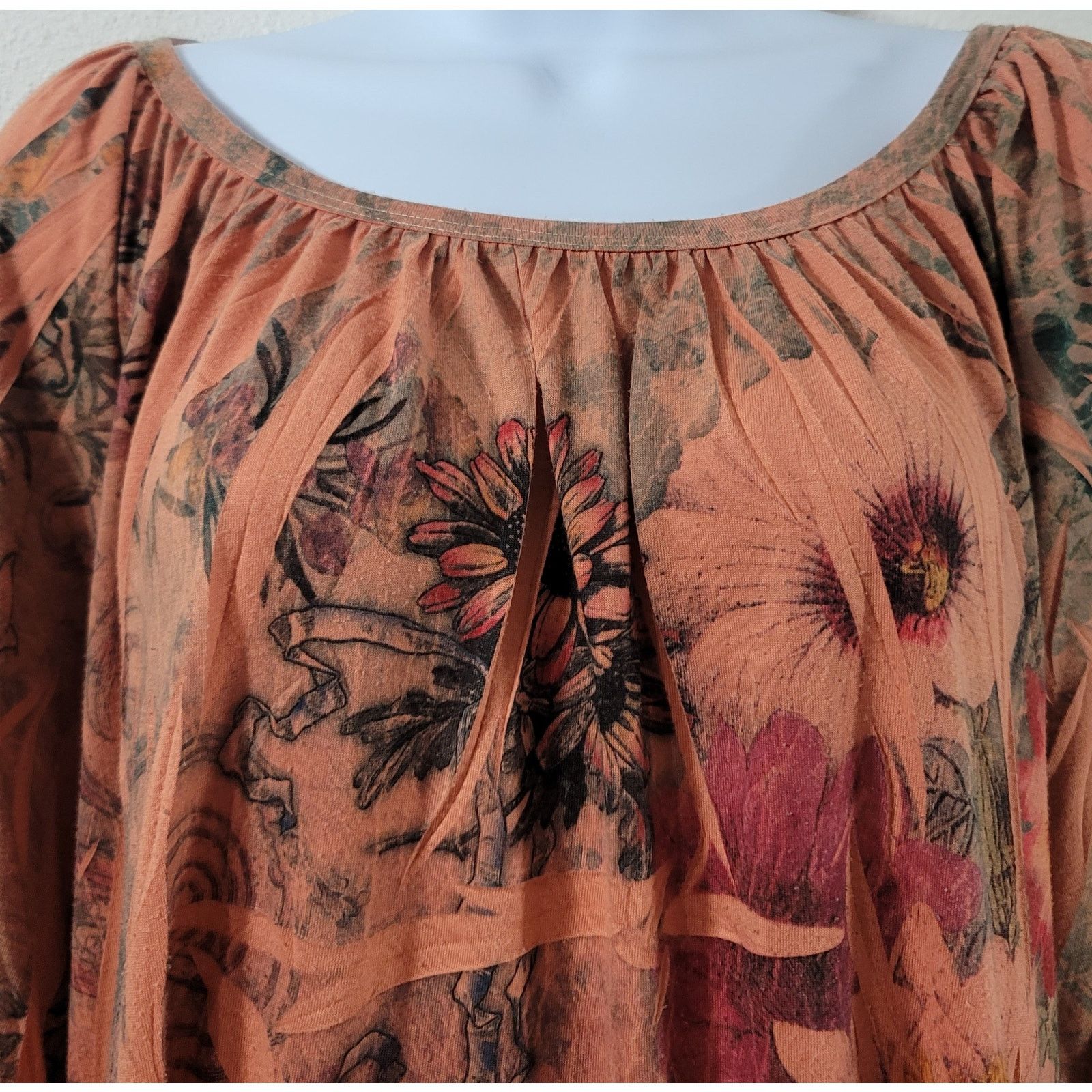 Other Avenue Orange Green Floral Print Pleated Top 22 24 Soft Size 3XL / US 20-22 - 5 Thumbnail