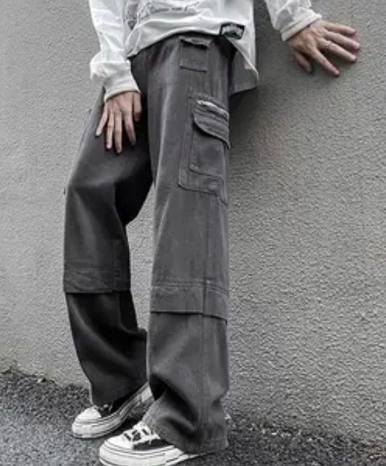 image of Distressed Denim Gray Color Multi Pockets Cargo Denim Pant in Grey, Men's (Size 32)