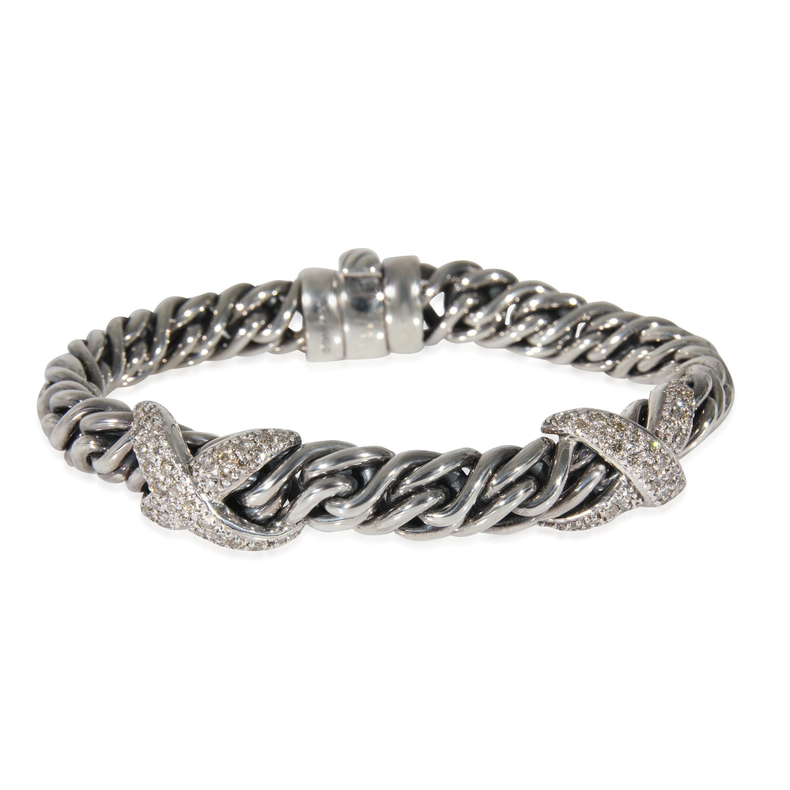image of David Yurman Wheat Bracelet With Diamond X Stations In Sterling Silver 1.23 Ctw, Women's