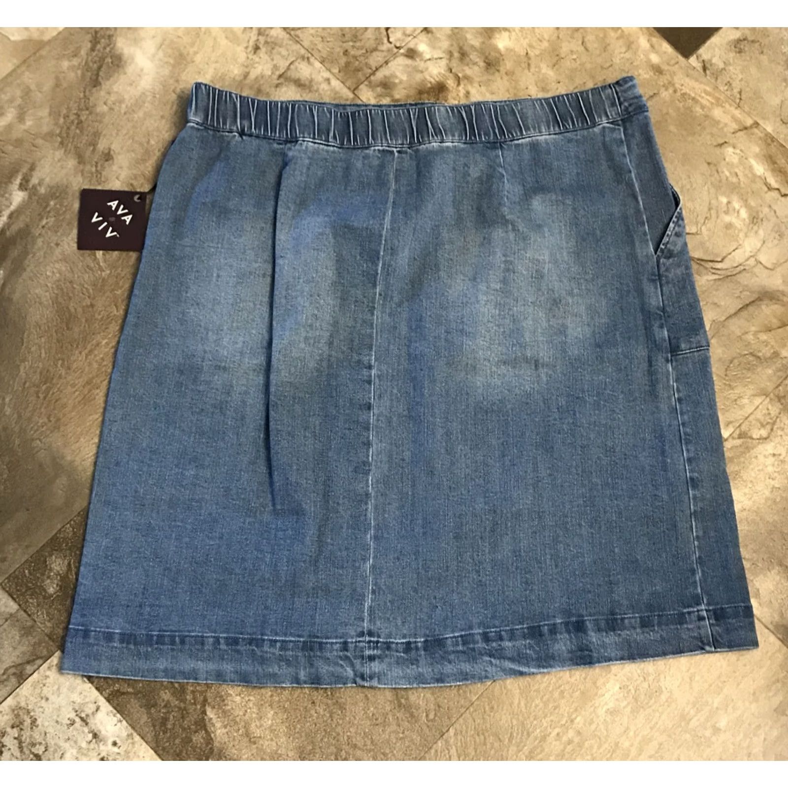 Vintage Ava & Viv Blue Denim Button Front Midi Skirt Elastic Waist 2X Womens Size 40" / US 18 - 2 Thumbnail
