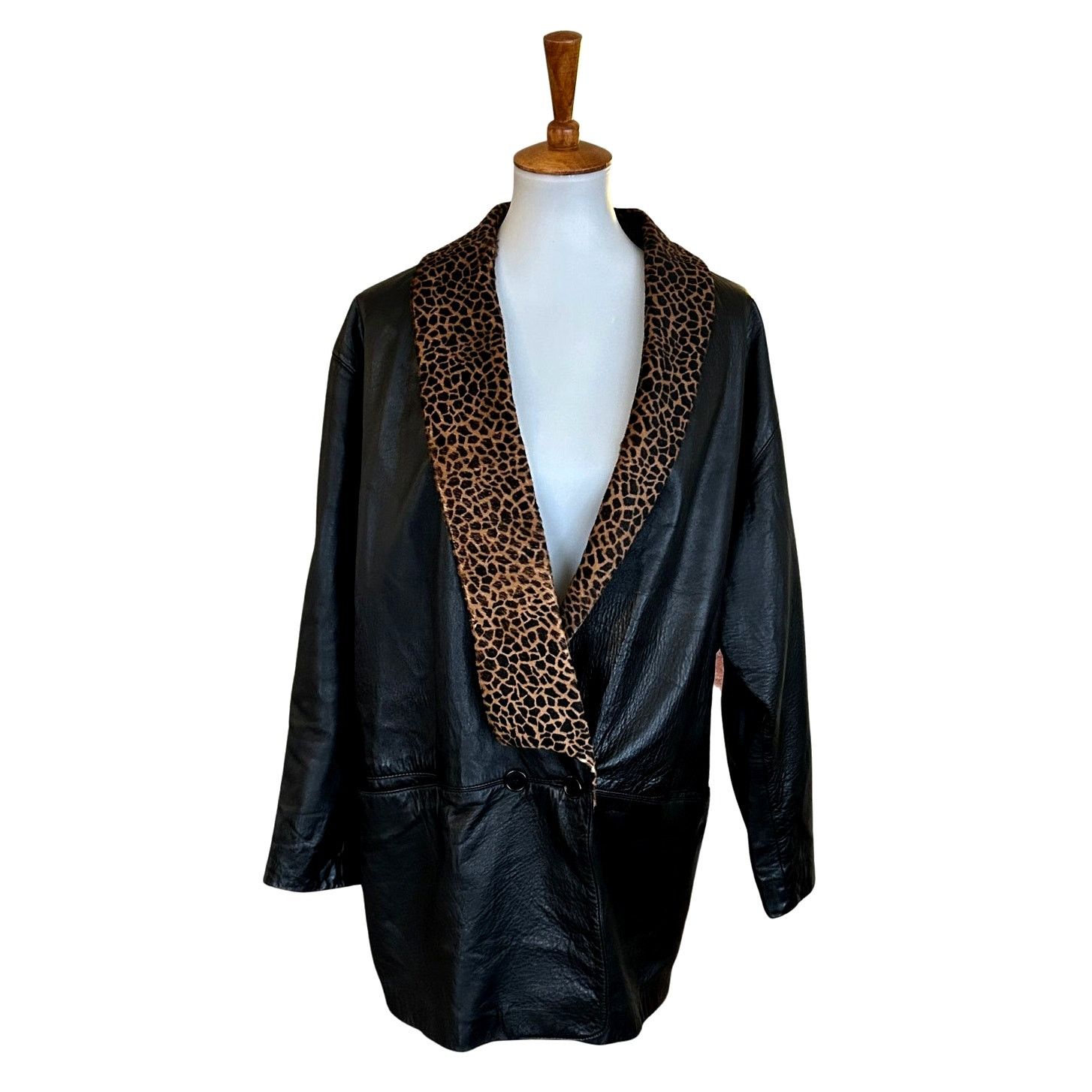Vintage Vintage 1990s Black Leather Coat Pony Hair Collar Size M / US 6-8 / IT 42-44 - 1 Thumbnail