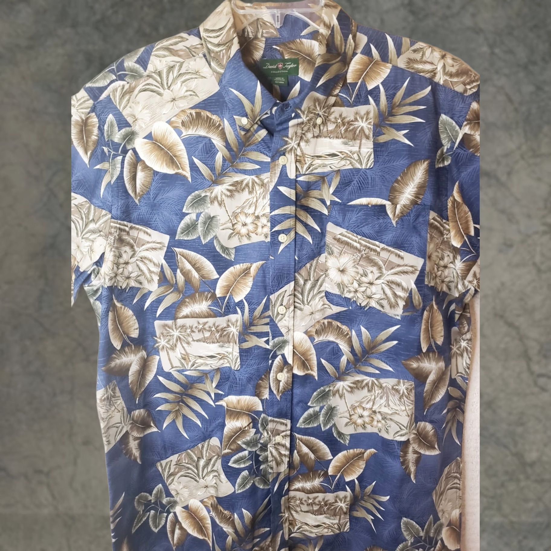 Vintage David Taylor Hawaiian Camp Shirt XLT Tan Blue Palms Ocean Mountains Men's Big & Tall Cotton Casual Summer Button-Up Collared Short Sleeve Relaxed Fit Size US XL / EU 56 / 4 - 1 Thumbnail