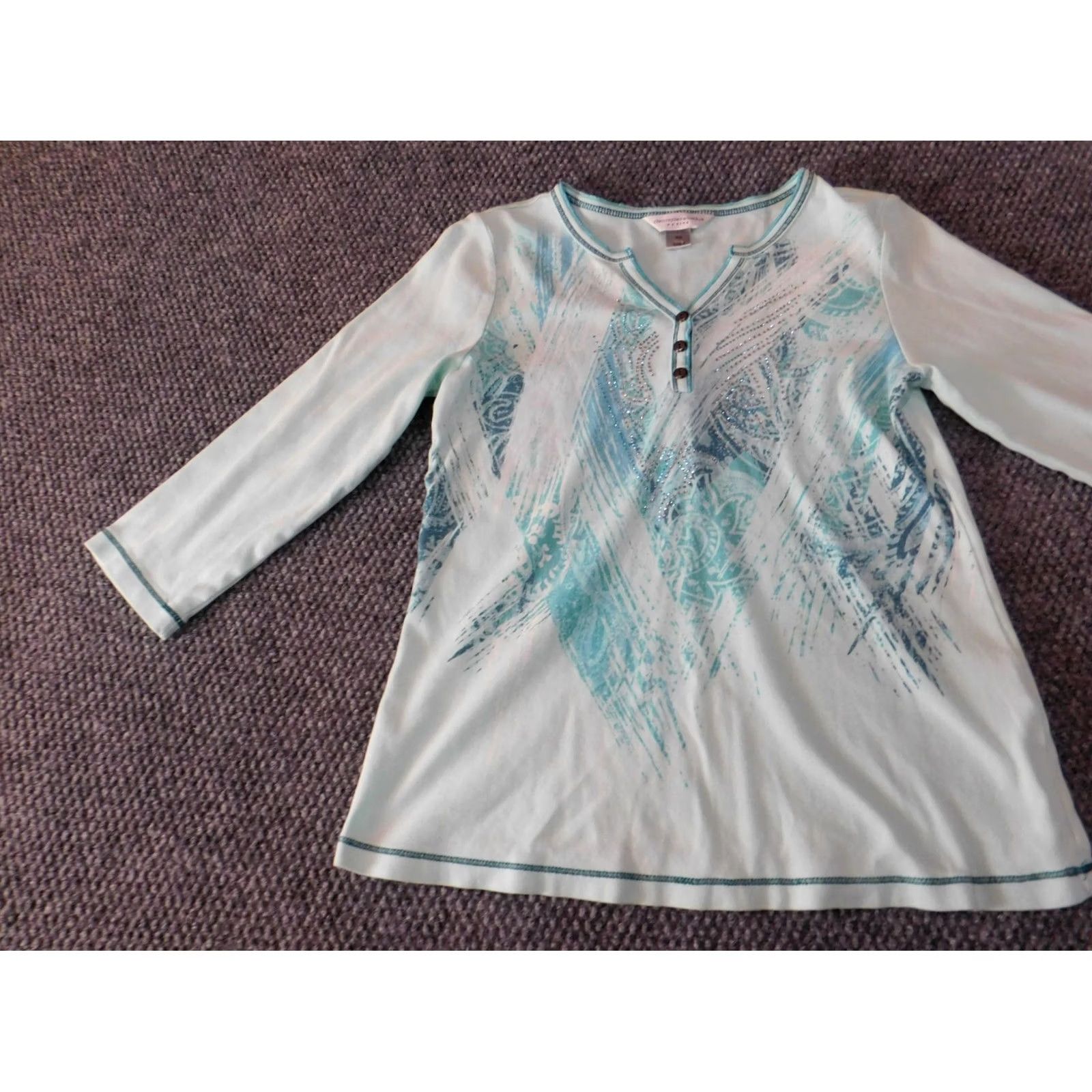 Vintage Christopher & Banks Womens Blouse PS Petites blue graphic Top classic pullover Size S / US 4 / IT 40 - 3 Thumbnail