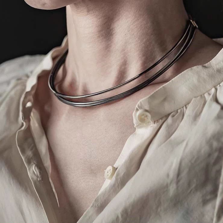 DETAJ Detaj African Distressed Stacked Silver Choker Size ONE SIZE - 1 Thumbnail
