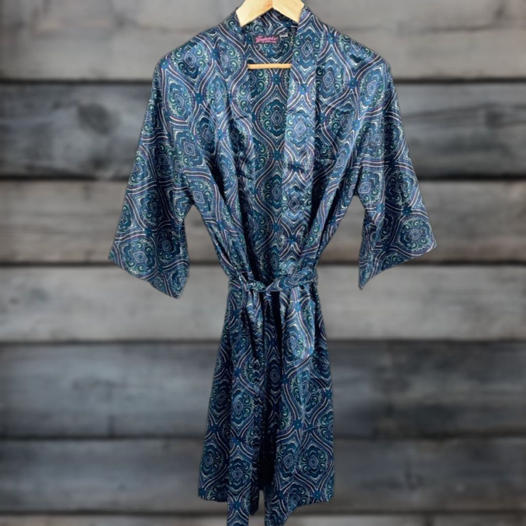 Vintage Frederick's of Hollywood Belted Robe One Size Blue Paisley Satin Kimono Retro Women’s Robe Belted Kimono Size ONE SIZE - 1 Thumbnail