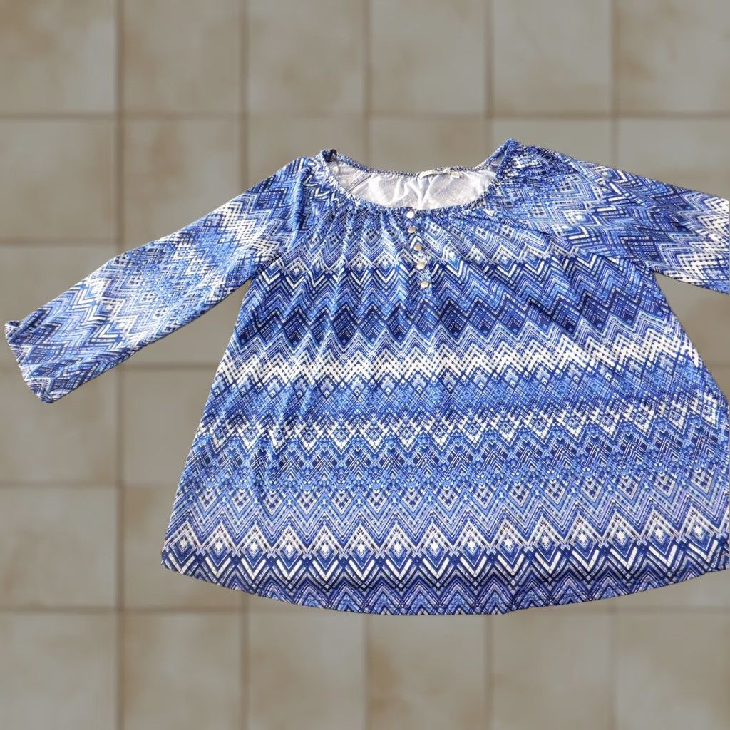 Vintage Notations Blouse Shirt Womens 2X Plus Blue Striped Stretch Pullover Casual Round Neck Short Sleeve Size XXL / US 16-18 / IT 52-54 - 1 Thumbnail