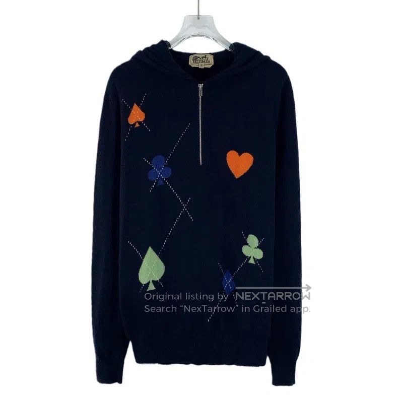 Hermes Hermes Deep Blue Poker Card Embroidered Cashmere Hooded Ha Size S / US 4 / IT 40 - 1 Thumbnail