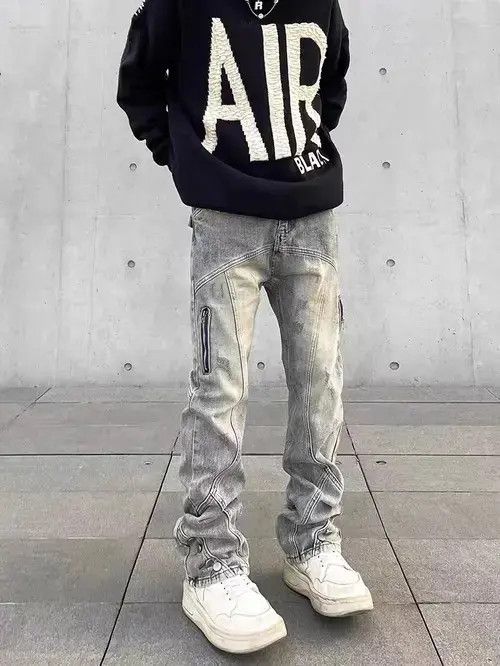 Japanese Brand Retro distressed yellow mud-dyed straight-leg zipper jeans Size US 32 / EU 48 - 4 Thumbnail
