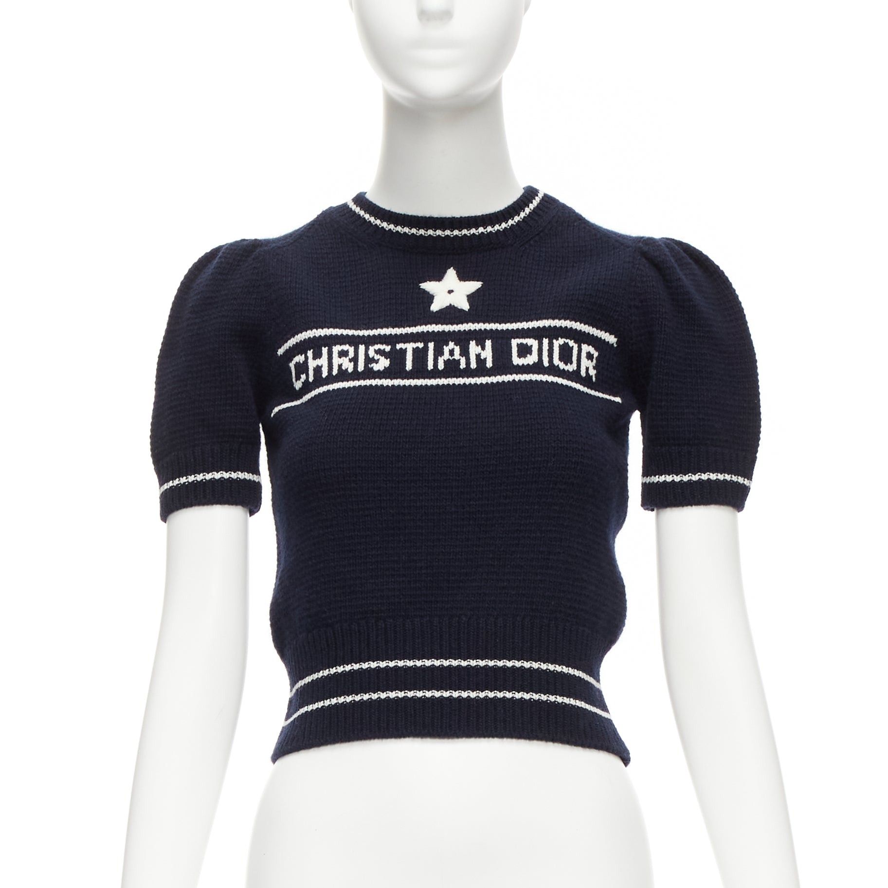 image of Christian Dior 2022 100% Cashmere Navy White Puff Sleeve Crew Crop Sweater Fr34 Xxs, Women's