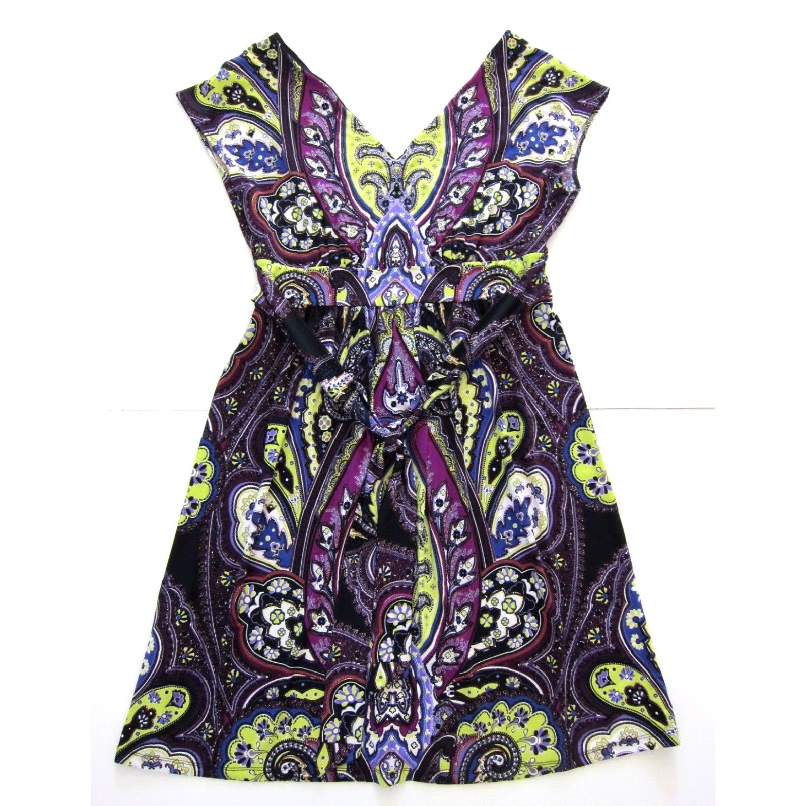 Vintage Ice Green Purple Floral Cap Sleeve V-Neck Empire Dress Woman 6 Size M / US 6-8 / IT 42-44 - 2 Thumbnail