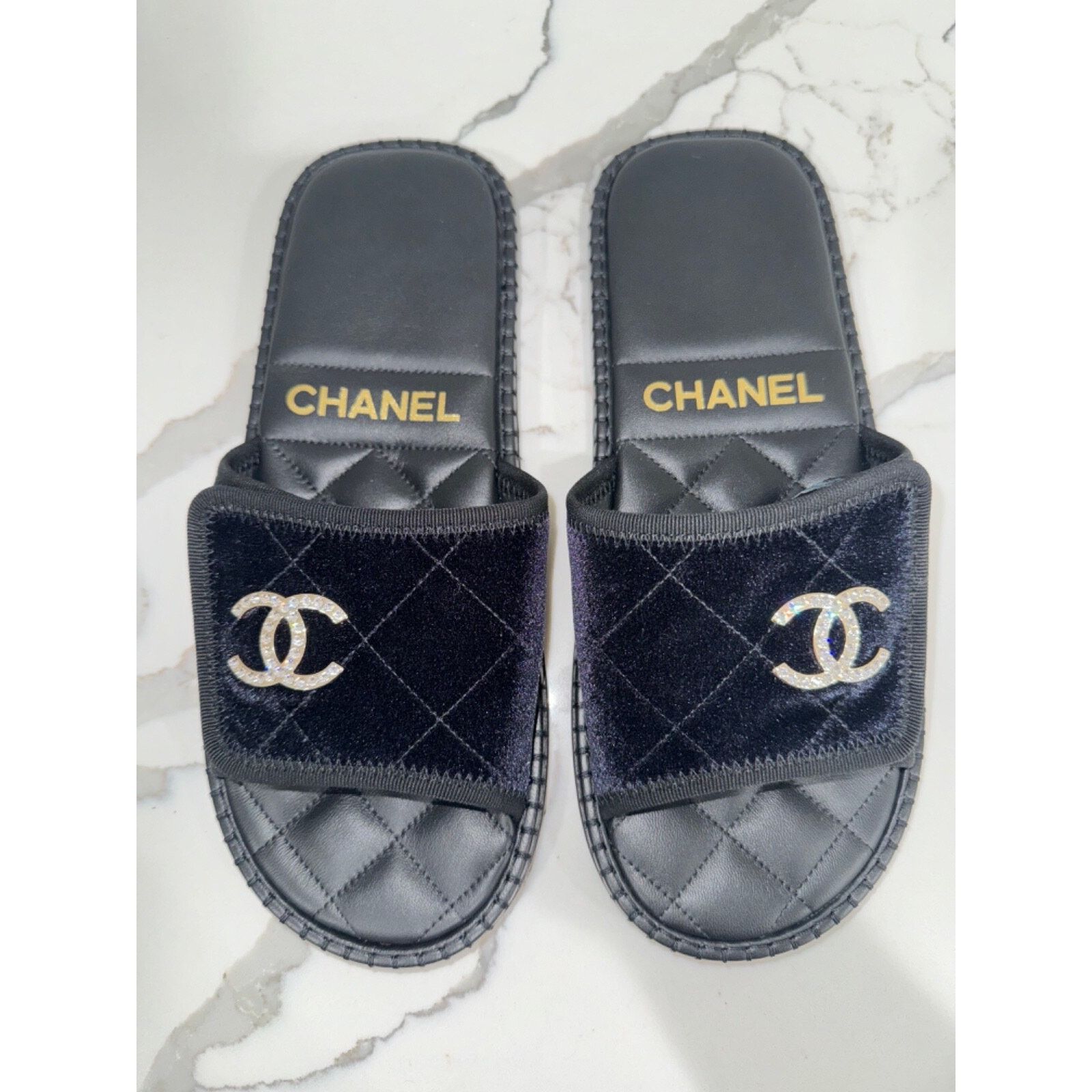 Chanel Chanel 23M Black Velvet Crystal CC Logo Hotel Mule Slide Size US 10 / IT 40 - 3 Thumbnail