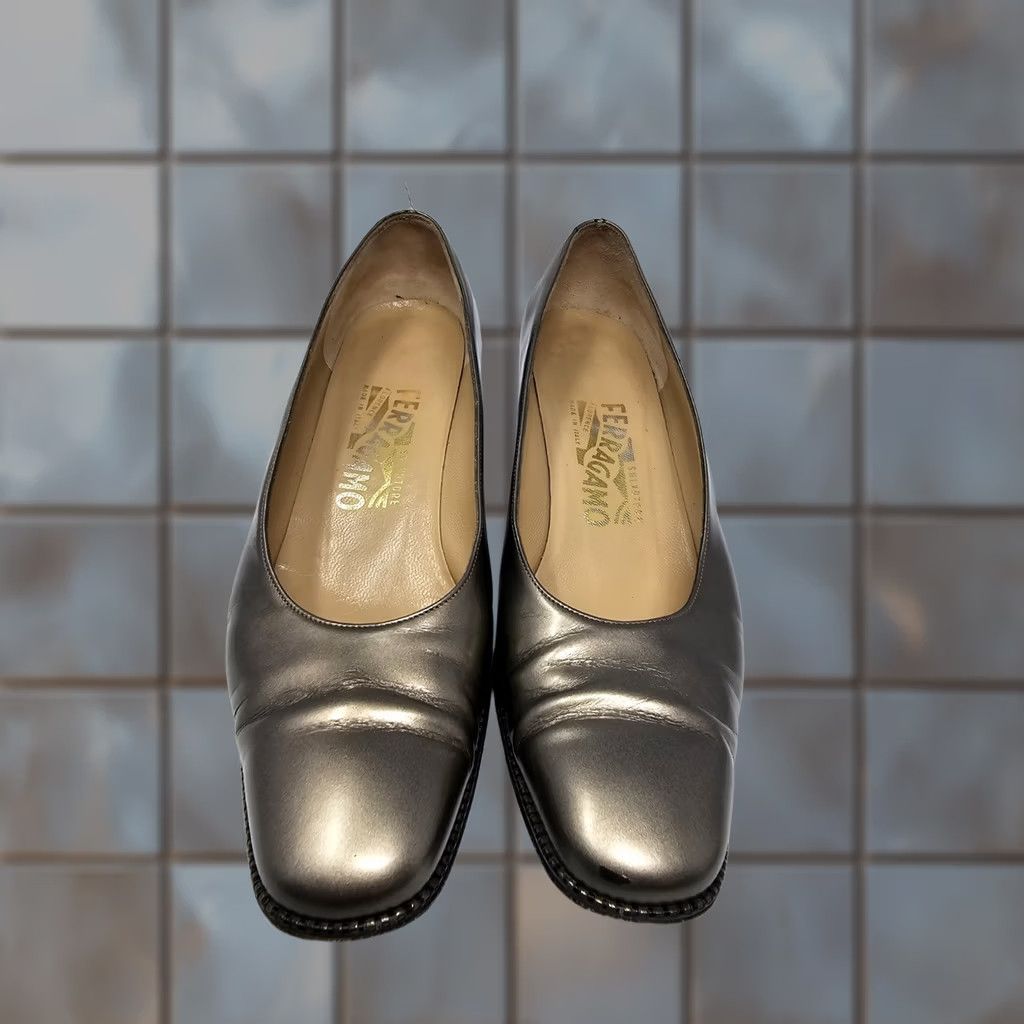 Salvatore Ferragamo VINTAGE Salvatore Ferragamo Leather Pumps Square Toe Metallic Chunky Heels US 7.5 Womens Shoes 90s Rock Green Leather Block Heel - 2-3/8" Size US 8 / IT 38 - 1 Thumbnail