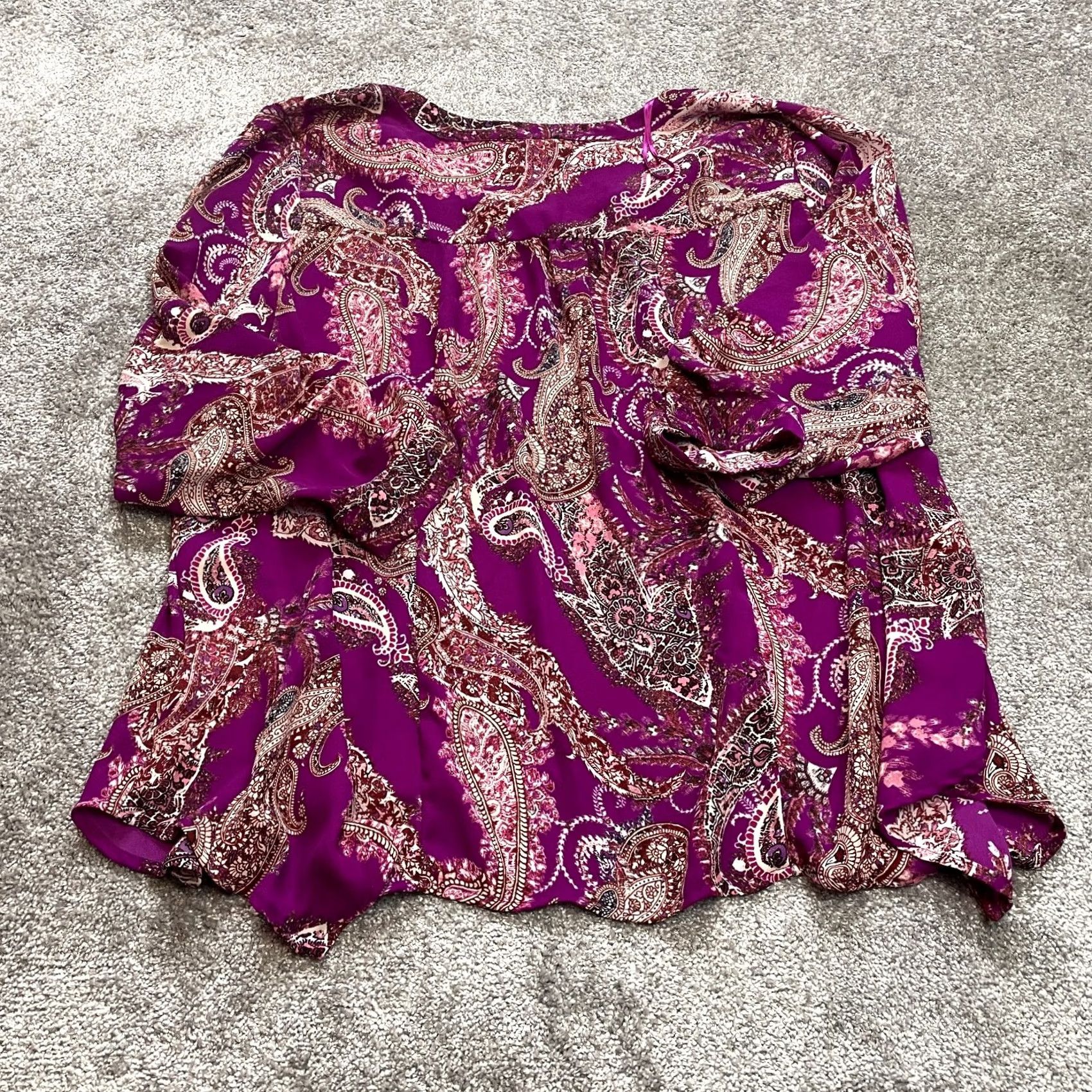Vintage VINTAGE? Simply Emma Blouse Top Womens 3X Purple Paisley Long Sleeve Roll Tab Shirt Size XXL / US 16-18 / IT 52-54 - 8 Thumbnail