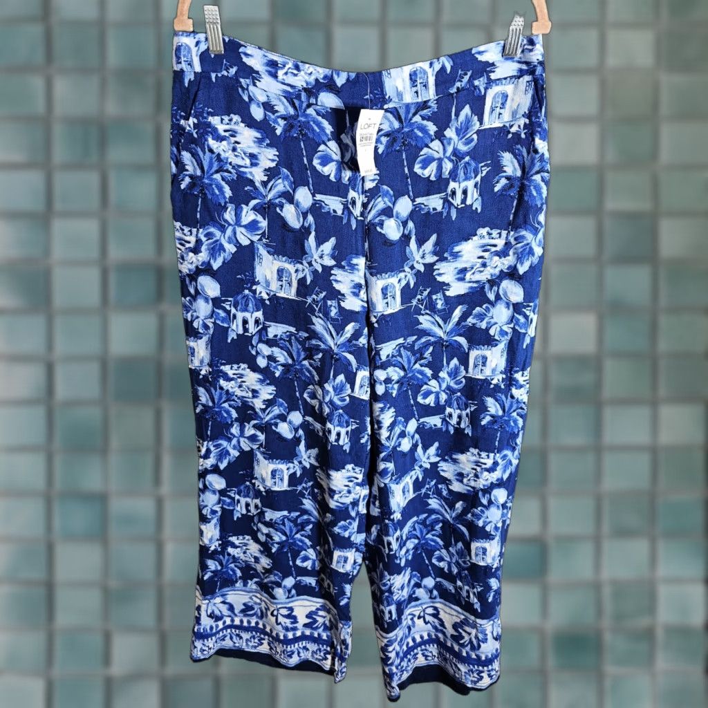 LOFT Linen Blend Tropical Wide Leg Pull On Pants Womens L Beach Hawaiian Mid Rise 30 in Inseam Blue Pockets