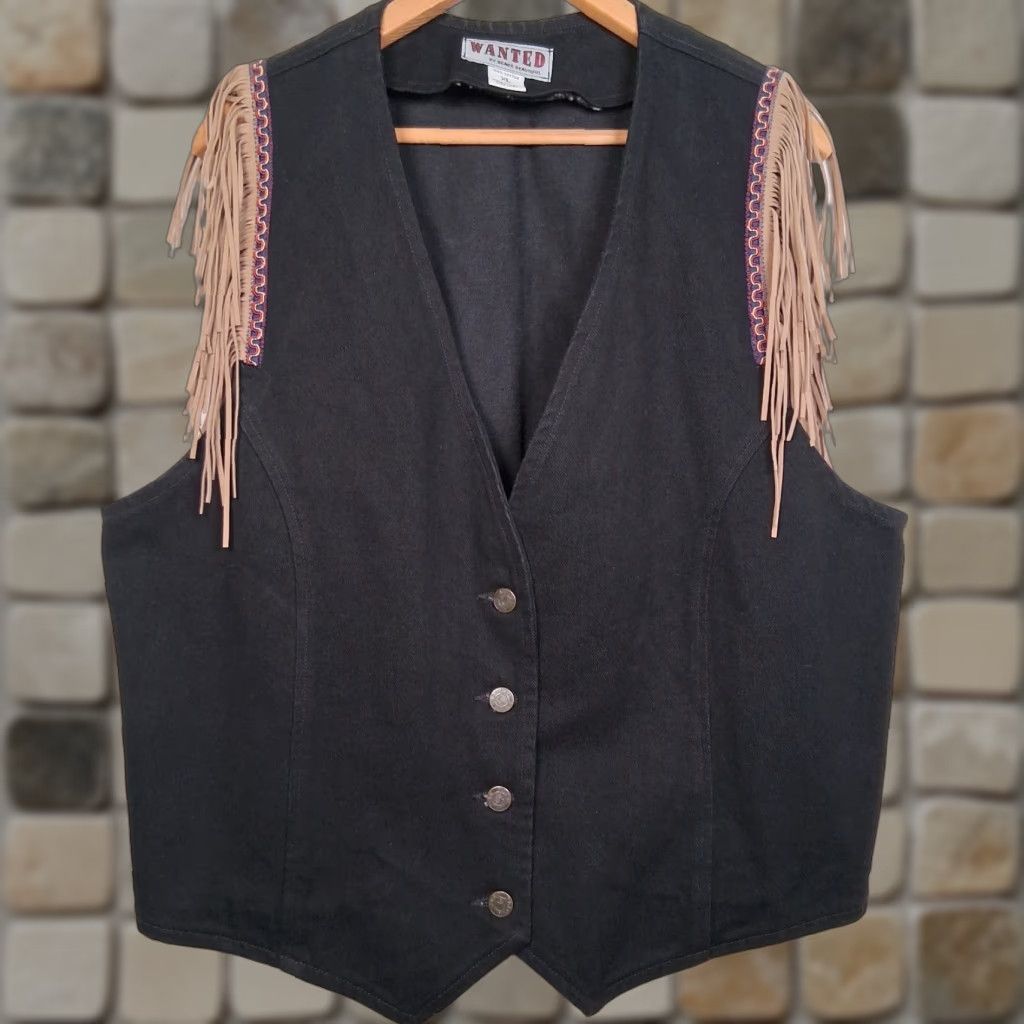 Vintage VINTAGE Wanted by Beads Beautiful Western Vest Women XL Fringed Black Denim USA Made Ranchwear Cowgirl Fringe Vest Women's XL Black Size XL / US 12-14 / IT 48-50 - 1 Thumbnail