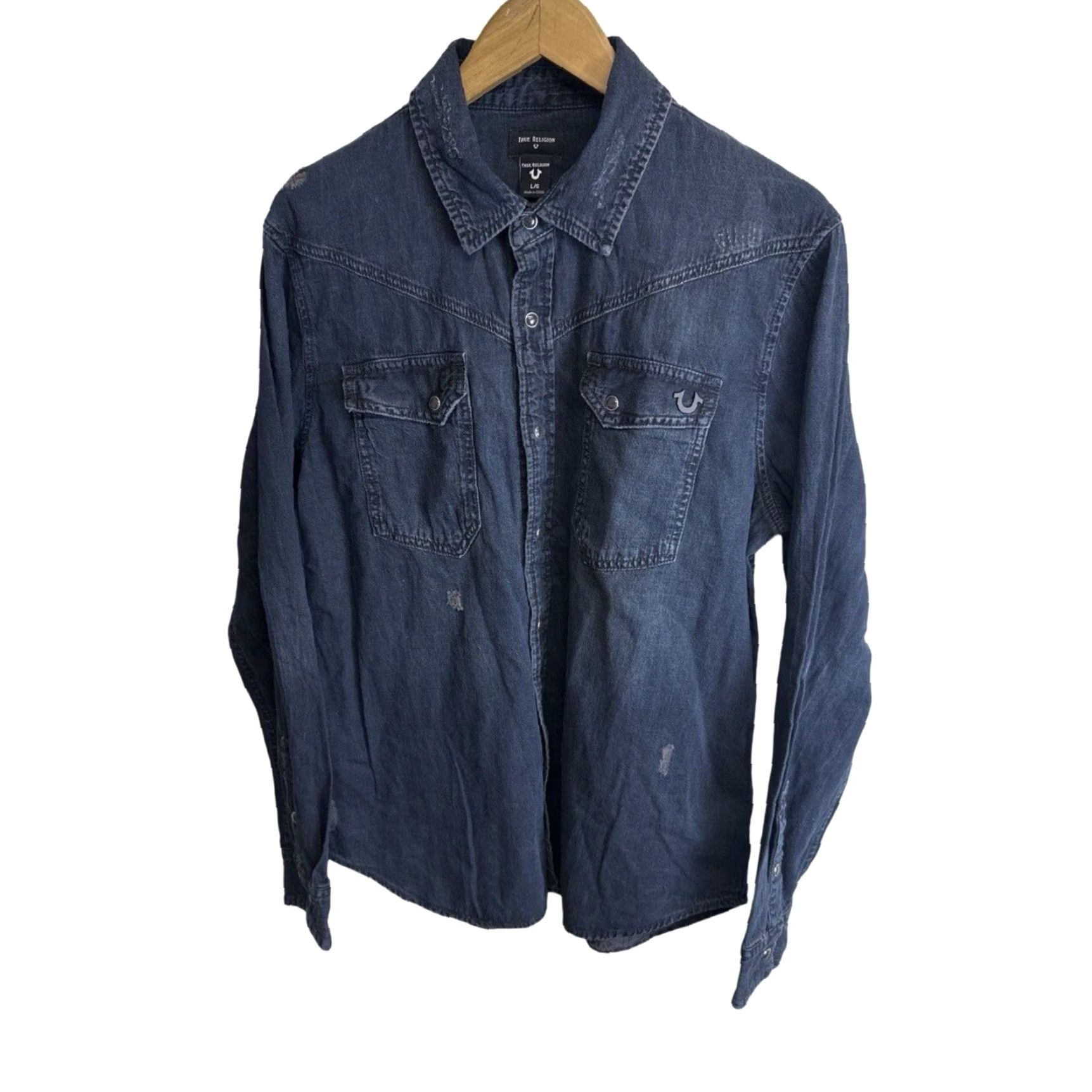 True Religion Men's Long Sleeve Button-Up Denim Shirt Blue Large