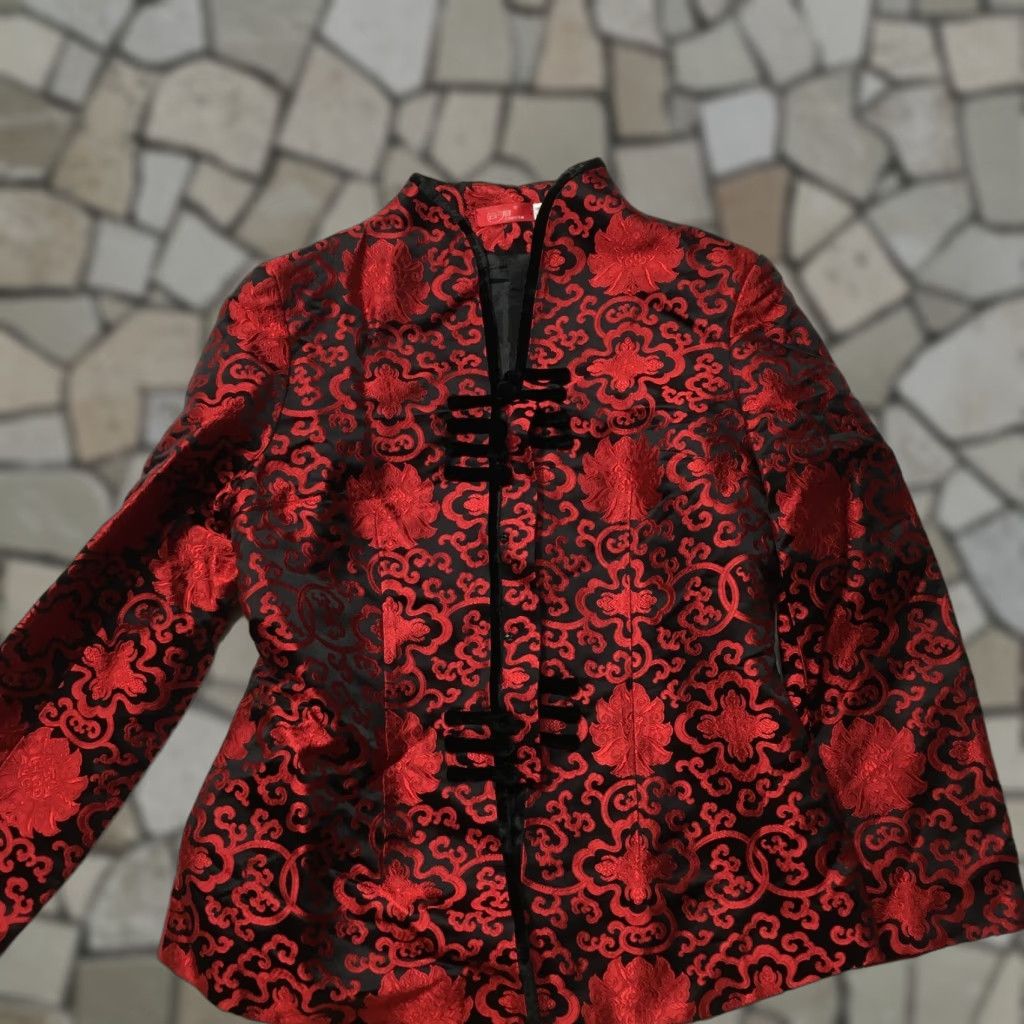 Vintage yunzhijun Women's Blazer XL Red Brocade Silk Blend Long Sleeve Button Front Casual Formal Vintage Style Spring Fall Summer? Size XL / US 12-14 / IT 48-50 - 1 Thumbnail