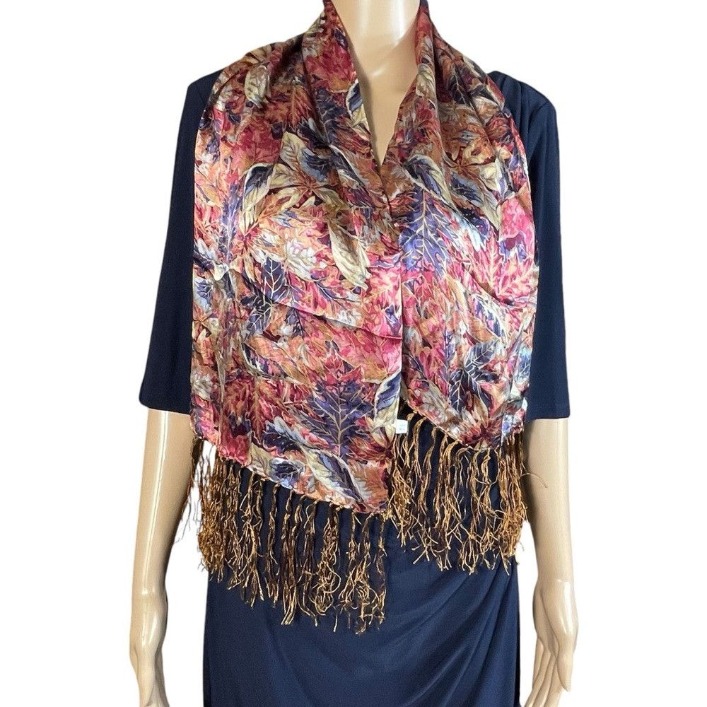Other Silk Leaves Print Scarf With Tassel 10 x 26 Size ONE SIZE - 2 Thumbnail