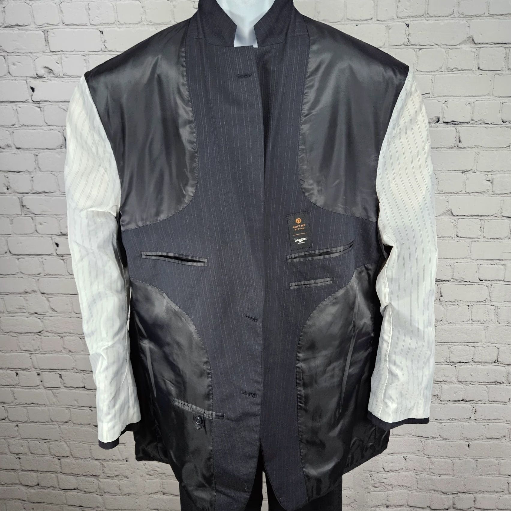 Haggar Haggar Navy Suit Up System 2 Piece Set Notch Jacket 2-Button Single-Vented Full Back Striped 46L 36x32 Mens Wirh Size 46R - 5 Thumbnail