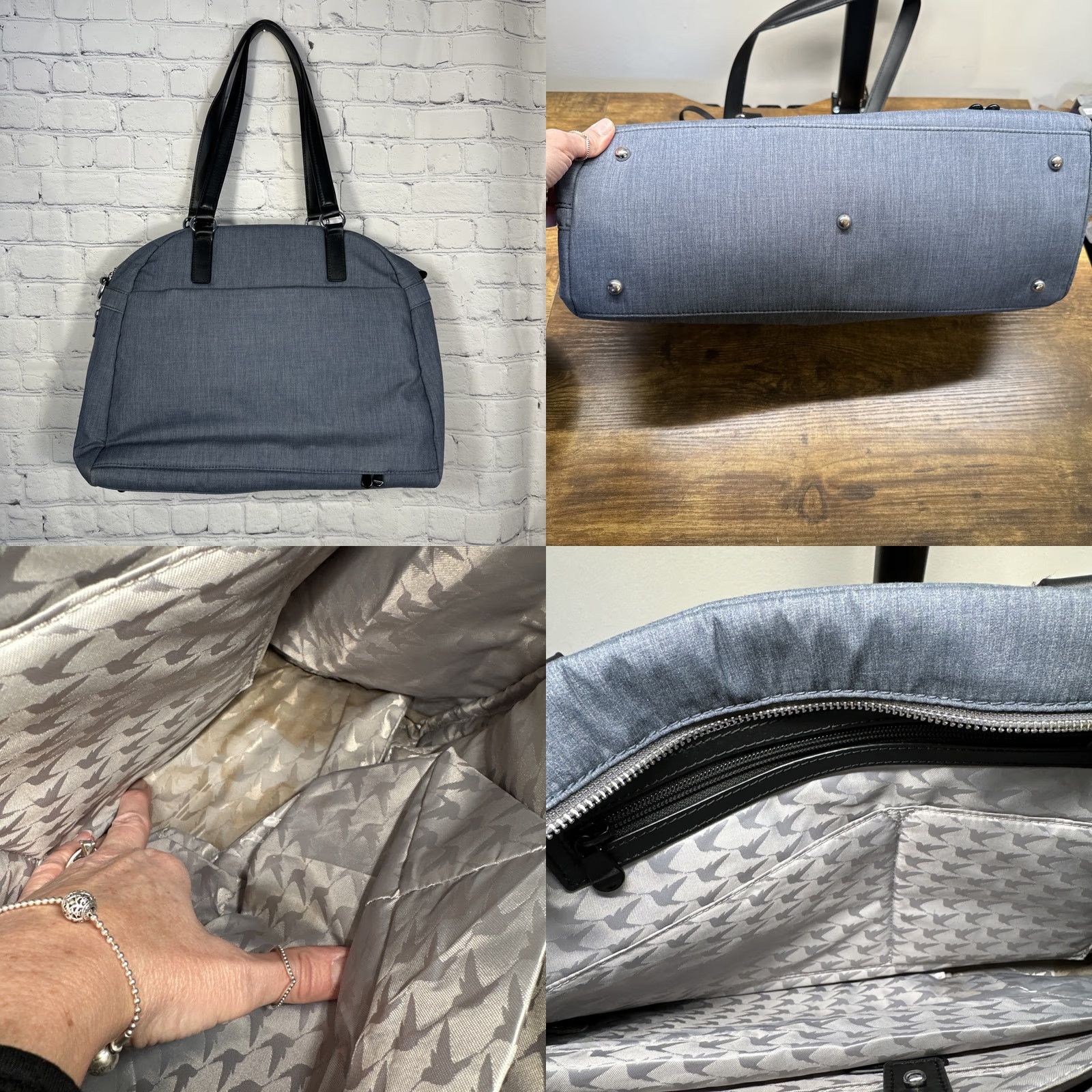 Vintage Lo & Sons O.G. Blue Travel Messenger Carry On Bag Nylon Laptop Sleeve Pockets Silver Hardware Womens Medium 16x14x6 inches Gray Interior Size ONE SIZE - 8 Thumbnail