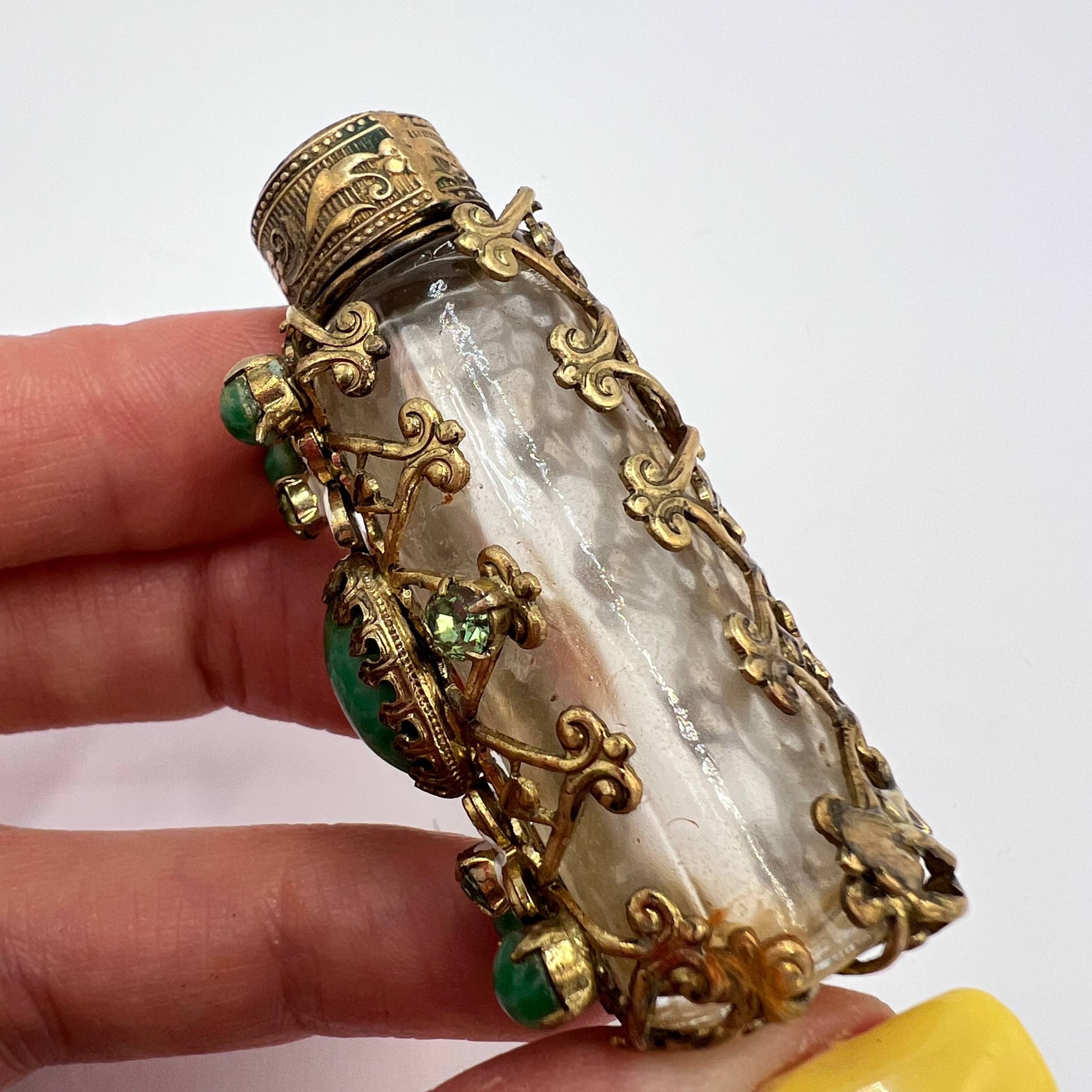 Vintage 1970 Vintage Czech Glass Perfume Bottle Gilt Brass Filigree Size ONE SIZE - 3 Thumbnail