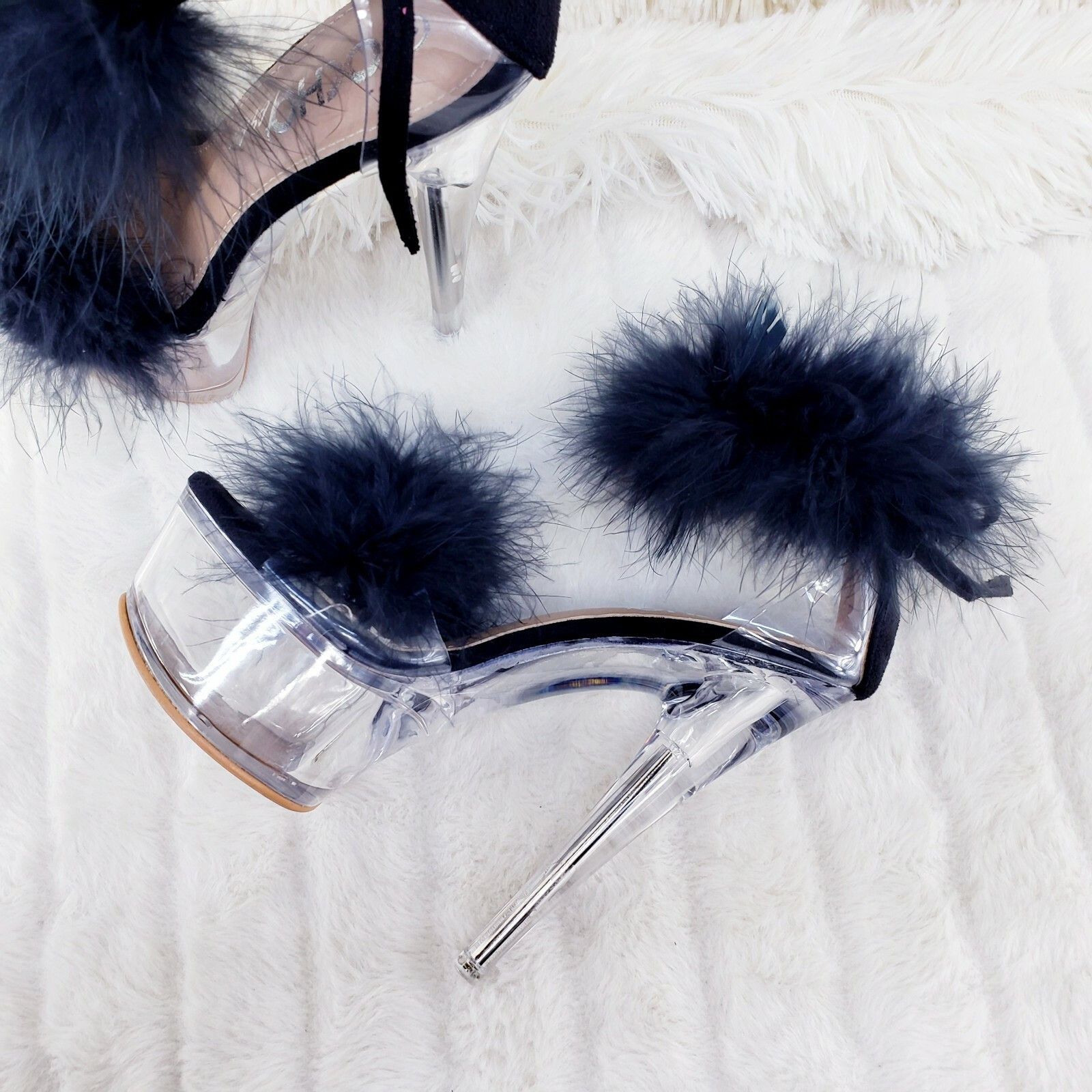 Other Black Marabou Feather Platform Shoes Sandals 6" High Heel Sa Size US 7 / IT 37 - 3 Thumbnail