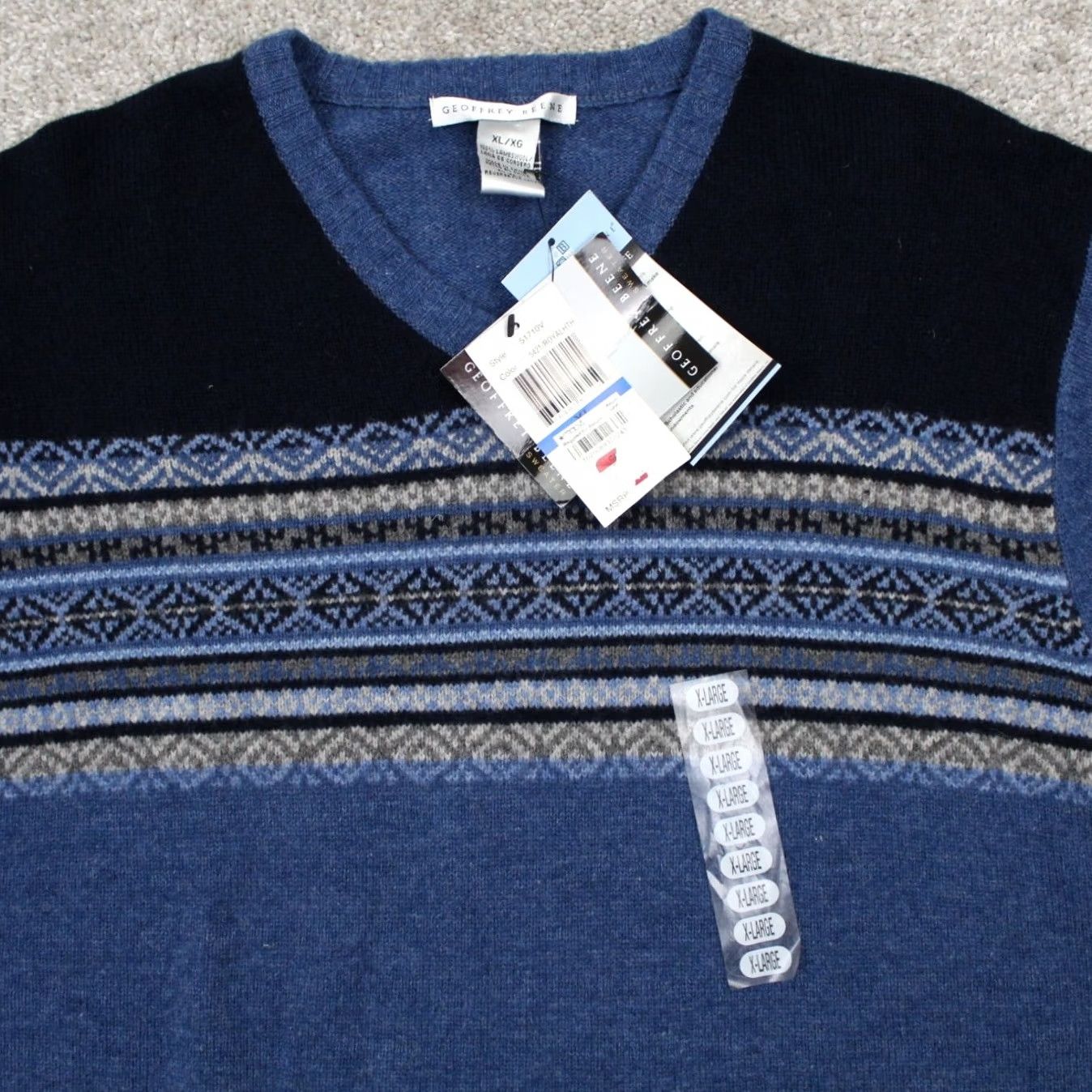 Geoffrey Beene Geoffrey Beene Sweater Mens XL Blue Geometric Lambswool V-Neck Pullover NWT Regular Knit Long Sleeve Geometric Pattern Wool Size US XL / EU 56 / 4 - 5 Thumbnail