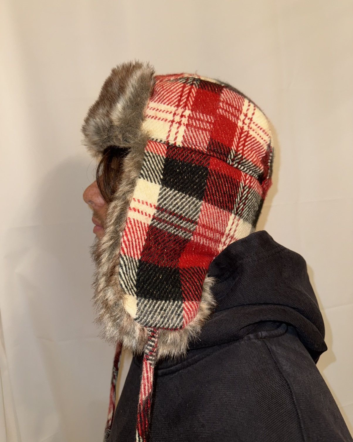 Designer × Other × Vintage Plaid Trapper Hat — Faux Fur L/XL Alt Winter Look Size ONE SIZE - 2 Thumbnail