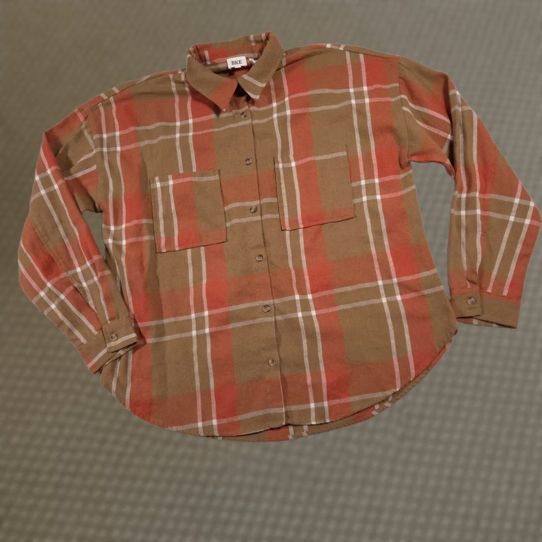 BKE BKE Shirt Womens Large Brown Plaid Button-Down Long Sleeve Boyfriend Flannel Shirt Size L / US 10 / IT 46 - 1 Thumbnail