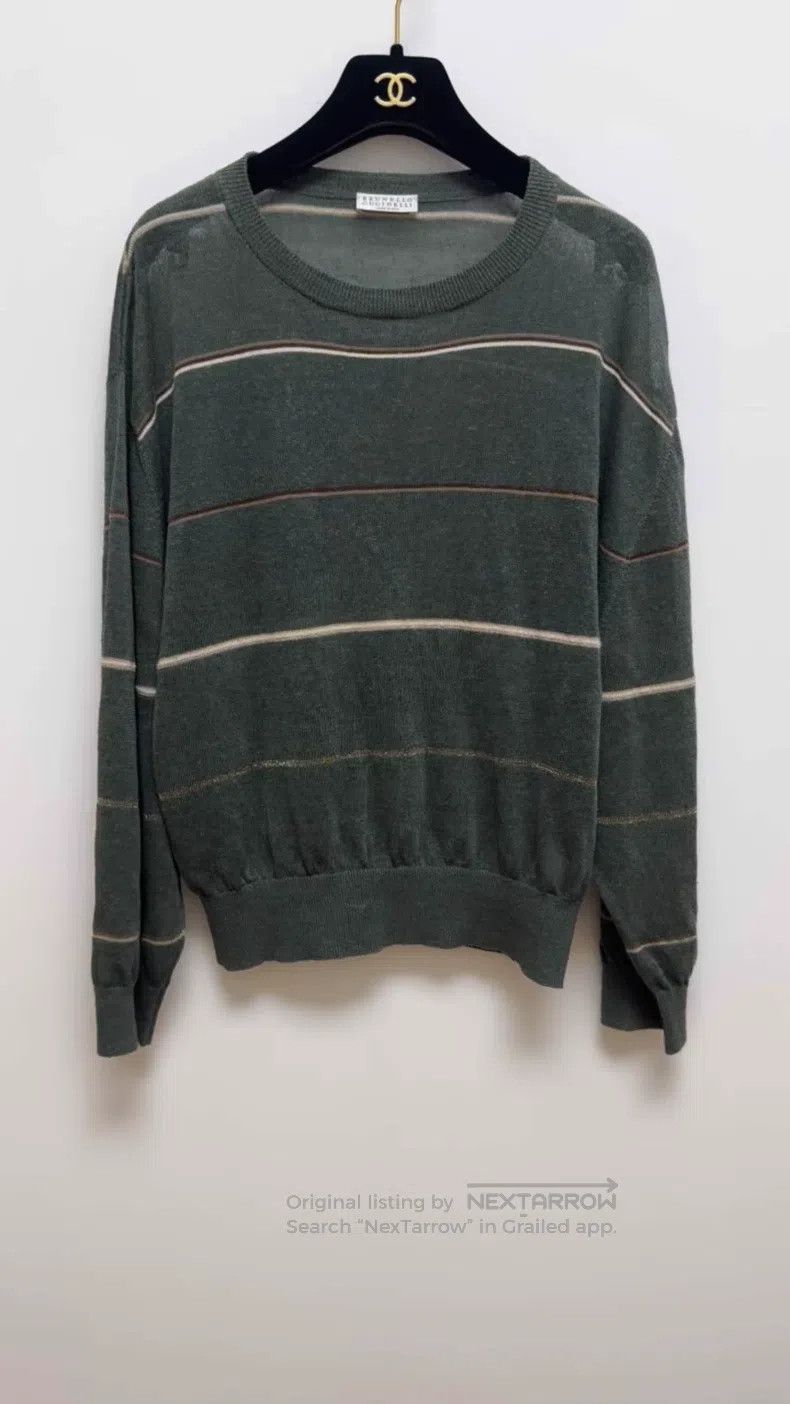 Brunello Cucinelli Brunello Cucinelli Moss Green Striped Knit Top Size L / US 10 / IT 46 - 1 Thumbnail