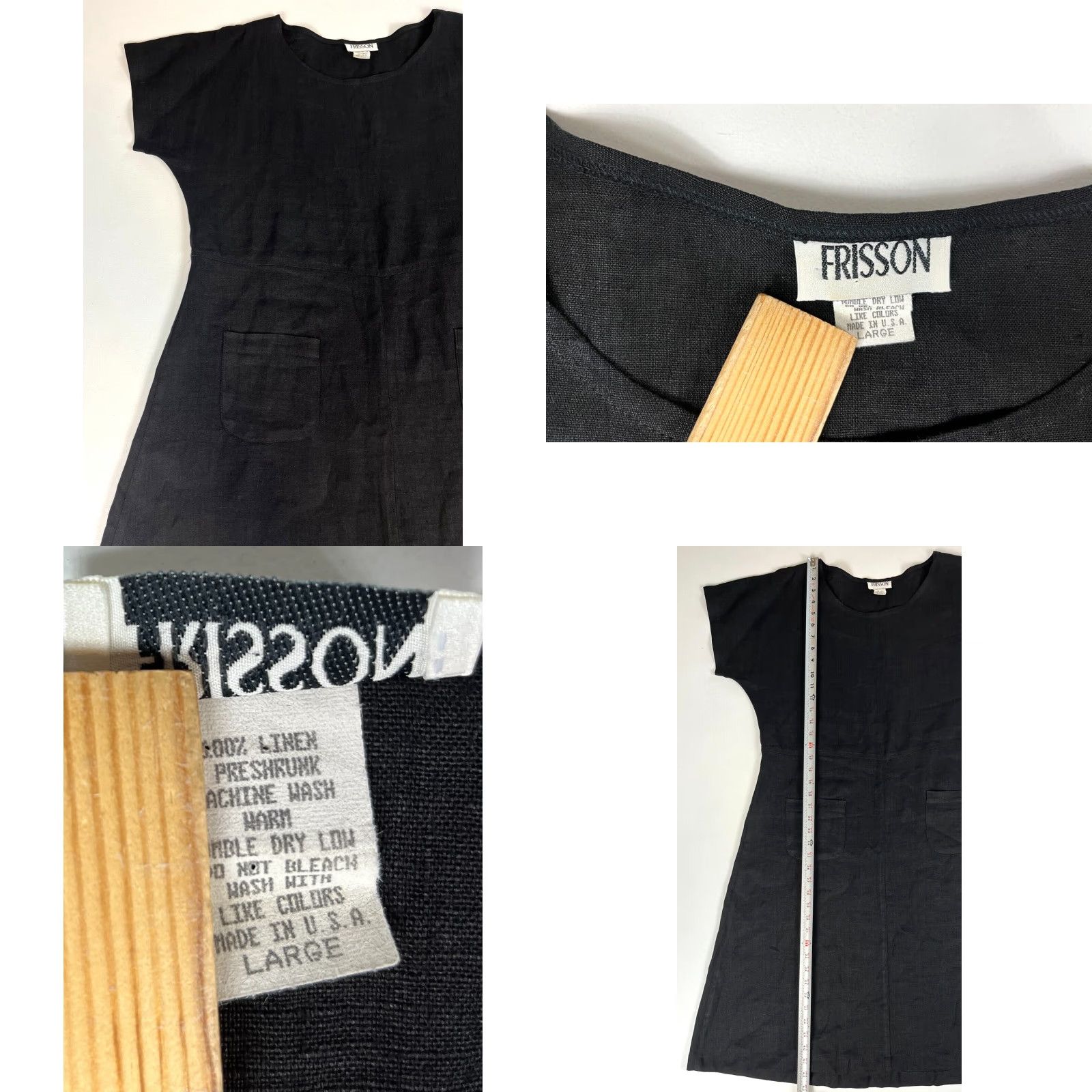 Vintage VINTAGE Frisson Women's Linen Midi Dress Short Sleeve Made in USA Sz L Black Pockets 90s Bohemian A-Line Casual Modern Classics Womens Size 36" / US 14 / IT 50 - 8 Thumbnail