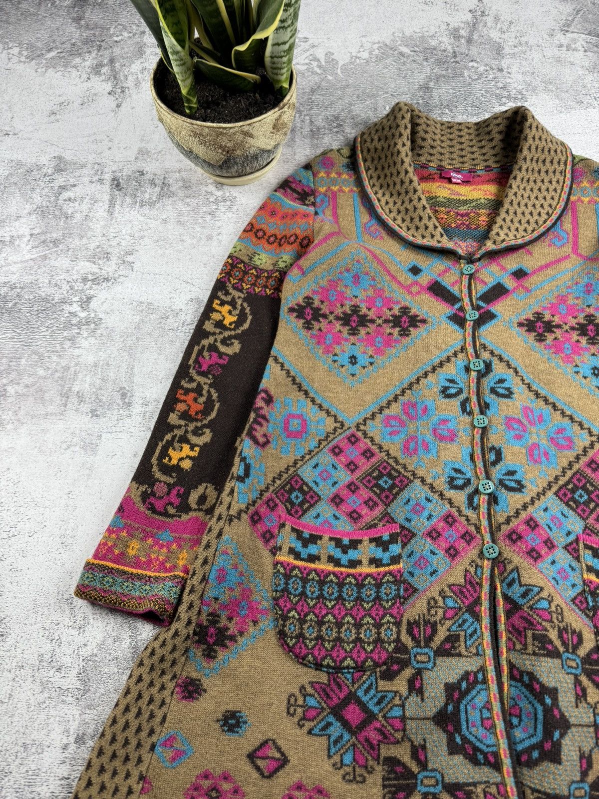 Designer × Vintage IVKO Lambs Wool 38 Knit Floral Long Cardigan Sweater Dress Size M / US 6-8 / IT 42-44 - 8 Thumbnail