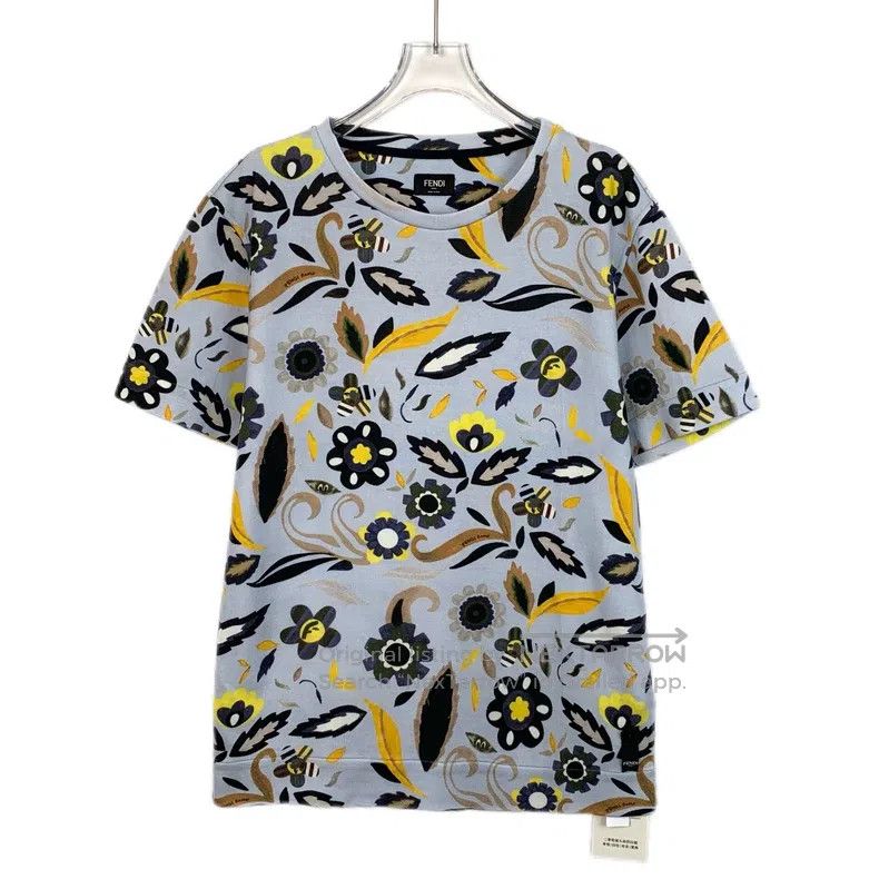 Fendi Fendi Blue Floral Full-Print Cotton Round Neck Short Sleev Size M / US 6-8 / IT 42-44 - 1 Thumbnail