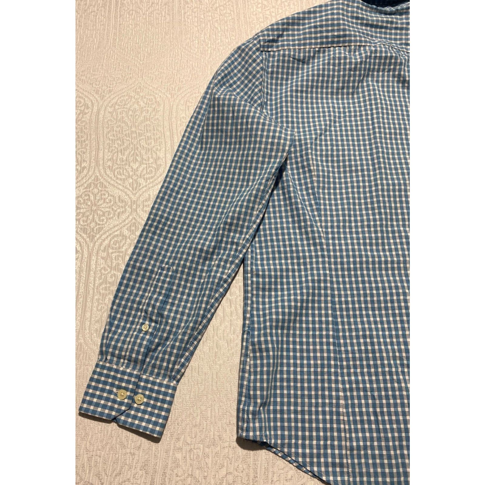 Banana Republic VINTAGE? No. Banana Republic Dress Shirt Mens M Blue Check Non Iron Tailored Slim Fit Size 40R - 6 Thumbnail