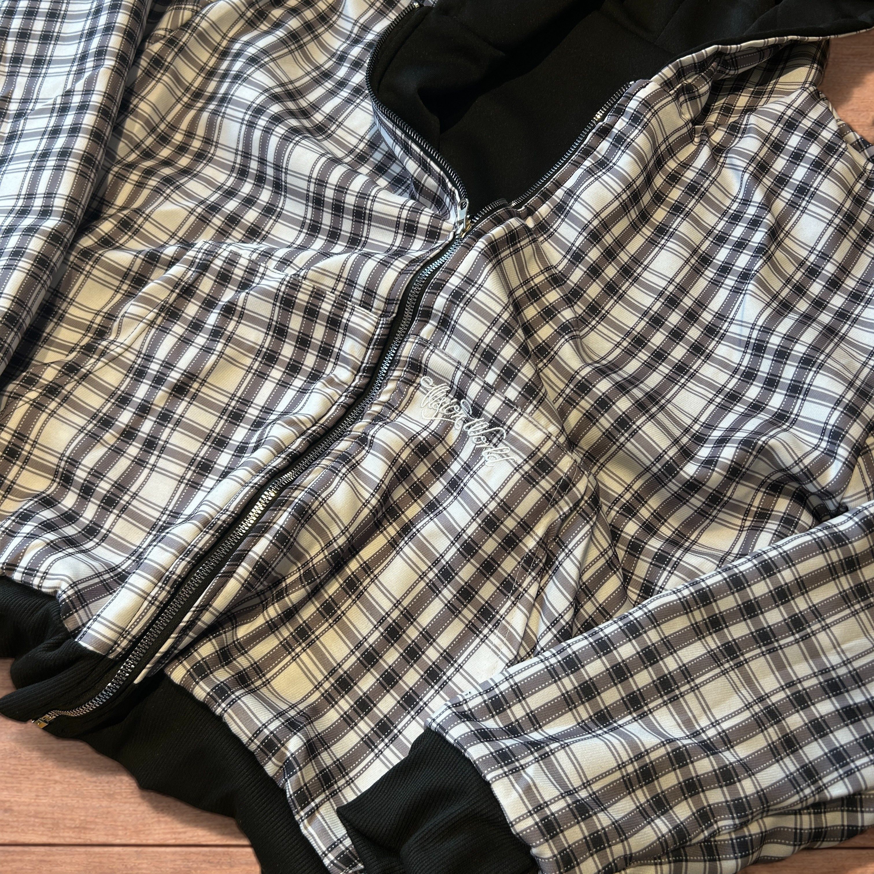 Japanese Brand Oversized baggy reversible zip up hoodie in checkered black. Size US L / EU 52-54 / 3 - 4 Thumbnail