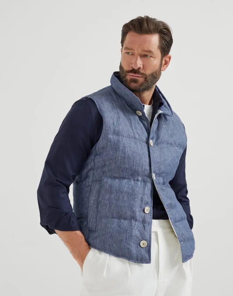 Brunello Cucinelli o1mle0725 Padded Linen Vests in Blue Size US S / EU 44-46 / 1 - 1 Thumbnail