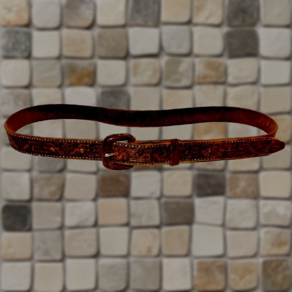 Vintage Vintage Hand Tooled Leather Belt Women Mexico Aztec Tribal Brown Distressed 1" Size ONE SIZE - 1 Thumbnail
