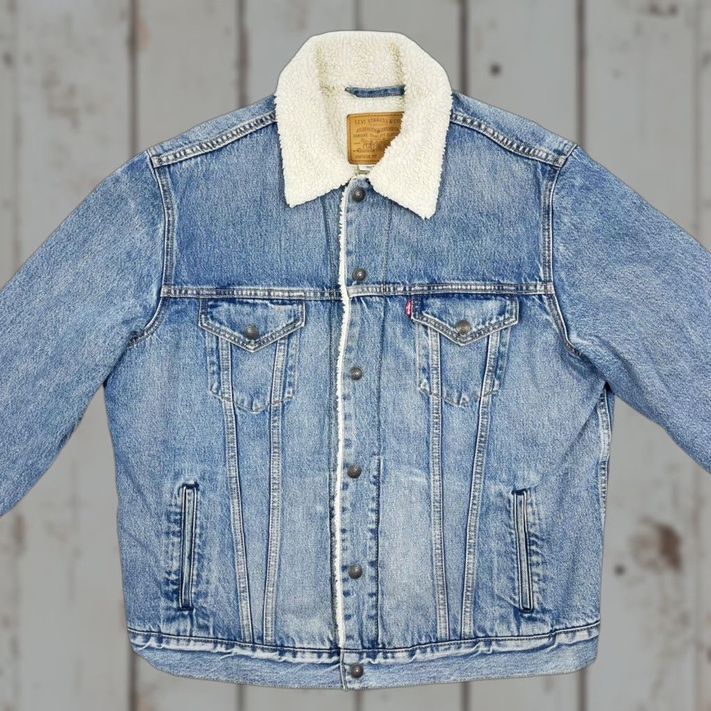 Levi's Levi's Premium Trucker Jacket Light Blue Denim Sherpa Lined Men's Large Size US 33 - 1 Thumbnail