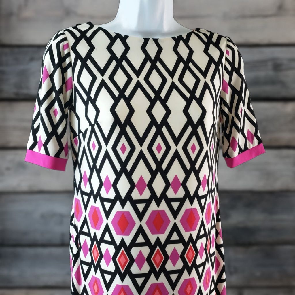 Vintage Eliza J Womens Dress 0P Black Pink Geometric Exposed Zipper Half Sleeve Short Dress Polyester Blend Zip Shift Petite Womens Size XS / US 0-2 / IT 36-38 - 1 Thumbnail