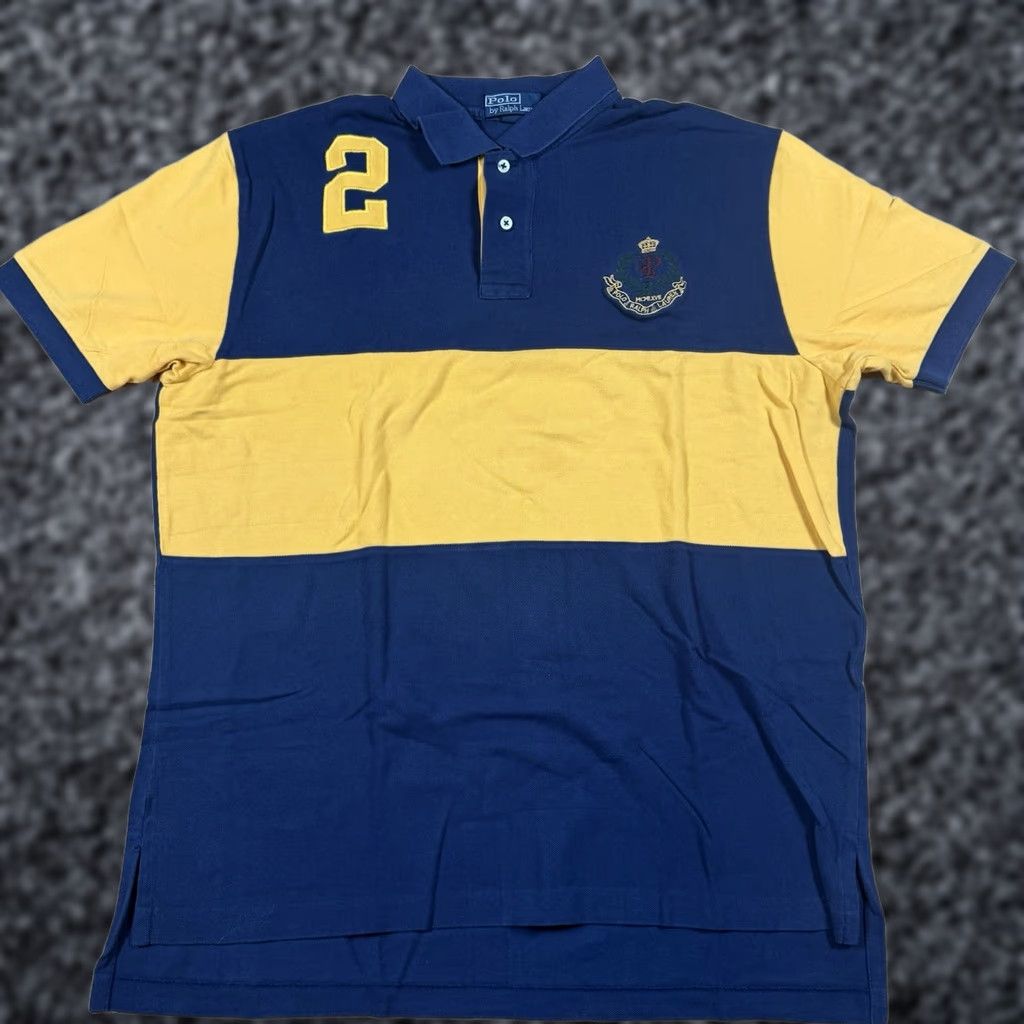 Polo Ralph Lauren VINTAGE Polo Ralph Lauren Rugby Shirt Mens XL Crown Crest Yellow Blue Stripe Short Sleeve Cotton USA Striped Rugby Shirt Mens XL Blue Size US XL / EU 56 / 4 - 1 Thumbnail