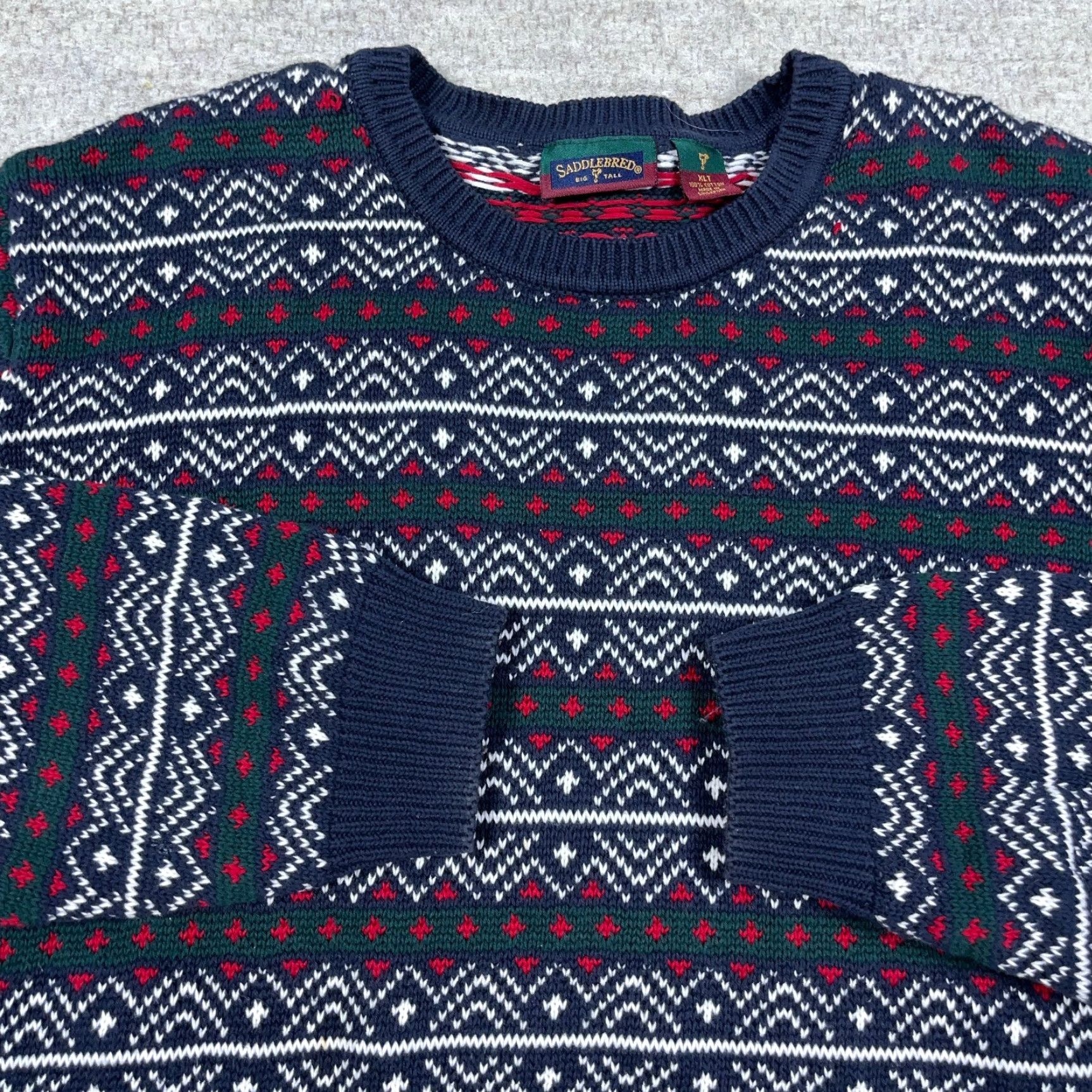 Vintage VINTAGE Grandpa Sweater Men XLT Blue Red Heavy Chunky Knit Geometric Nordic 90s Saddlebred Crew Neck Pullover Knit Size US XL / EU 56 / 4 - 2 Thumbnail
