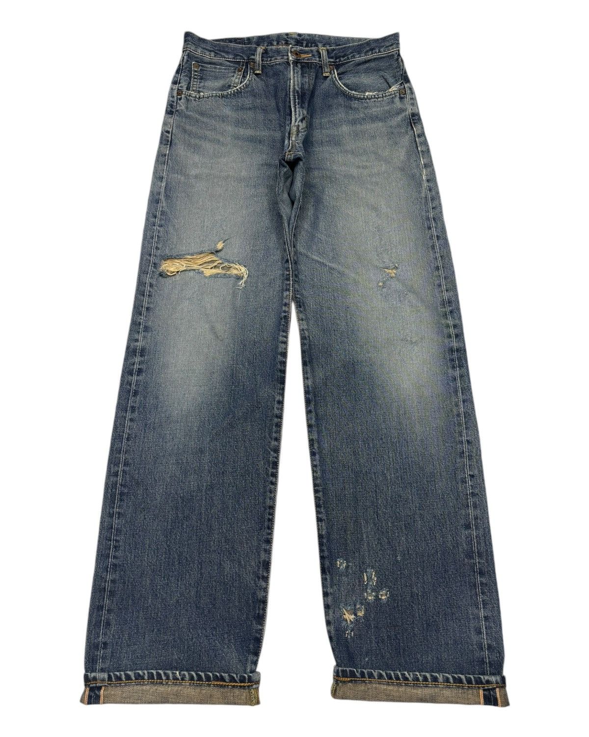 🔥EDWIN 505x SELVEDGE BAGGY JEANS RIPPED DENIM JEANS