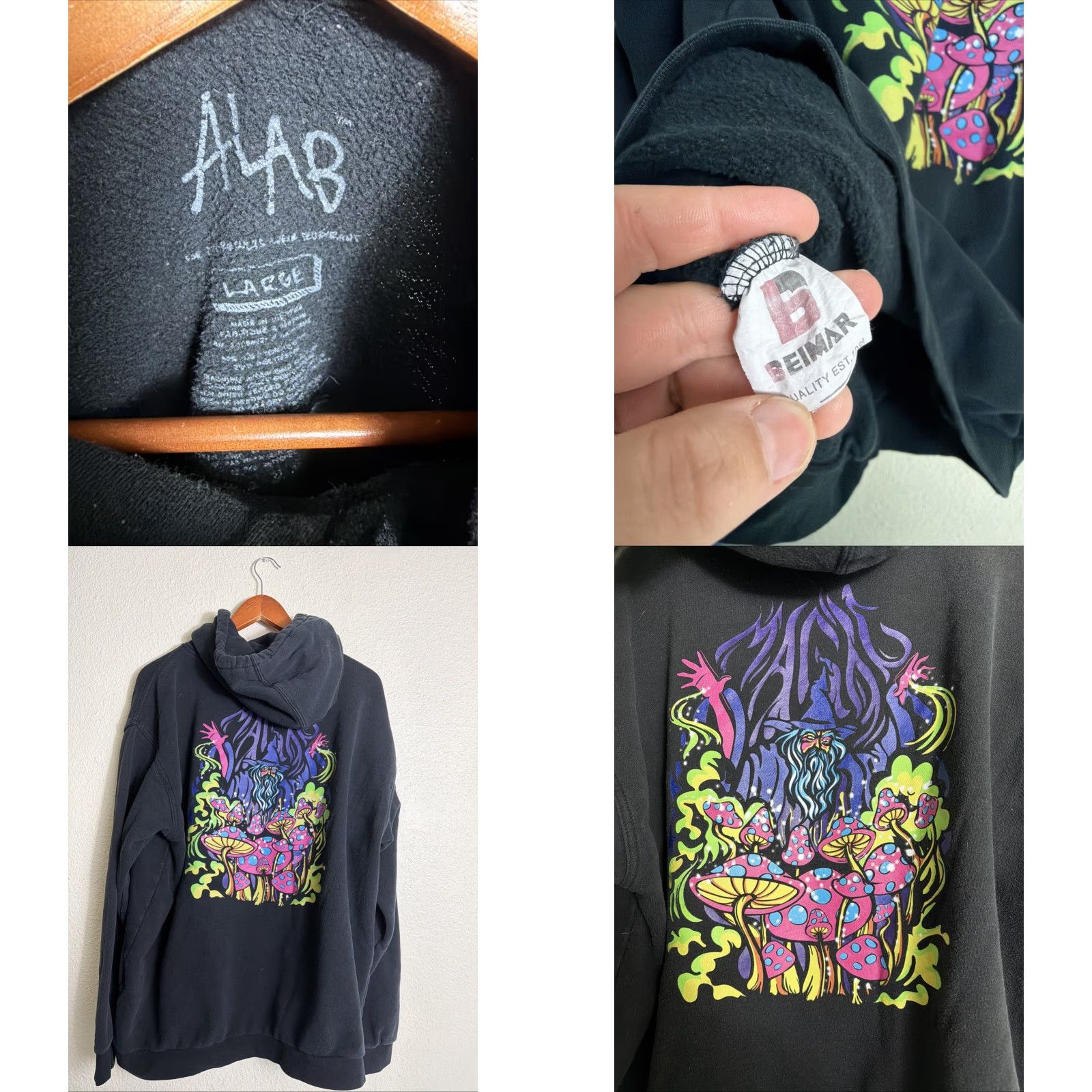 Vintage VINTAGE Alab Mens Large Pullover Hoodie Black Wizard Magic Mushrooms Black Light Size US L / EU 52-54 / 3 - 8 Thumbnail